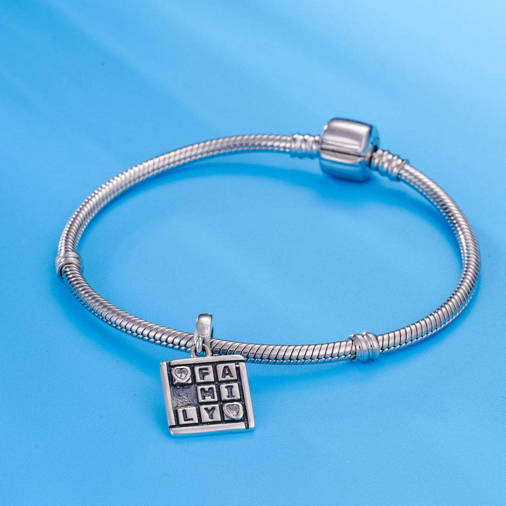 925 Sterling Silver Family Love Square Pendant Charm - Dangle Beads for European Charm Bracelets & Necklaces | Perfect for Gifts, Anniversaries, and Mother's Day
