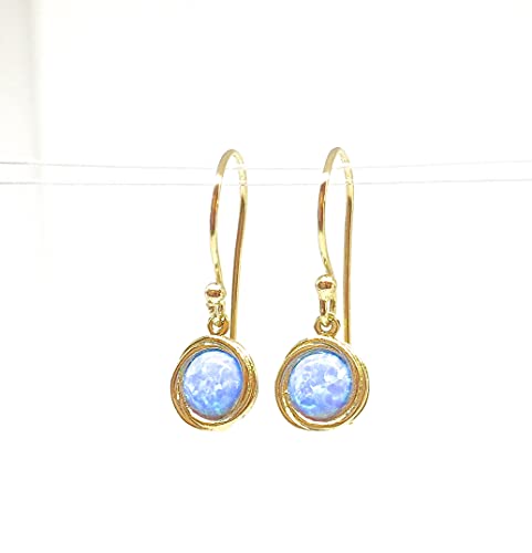 Blue Opal Earrings for Women - Dainty Gold Dangle Drop Earrings with Gemstone | Handmade Bohemian Jewelry | Minimalist Round Earrings for Girls & Women | Perfect for Weddings, Parties & Everyday Wear