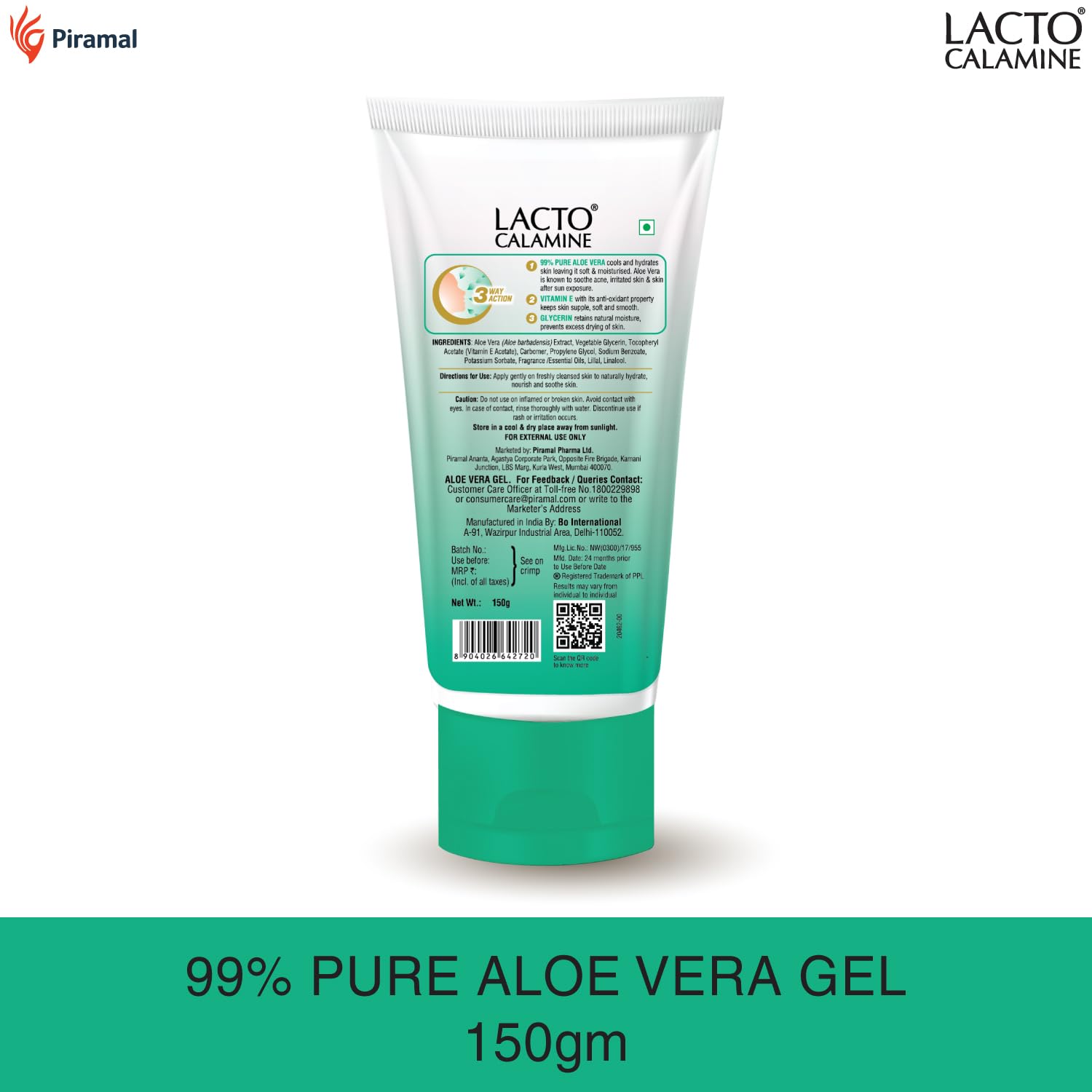 Lacto Calamine Aloe Vera Gel for Face & Body - 150g | 99% Pure Natural Aloe Vera with Vitamin E & Glycerin | Hydrating Moisturizer for Dry Skin, Hair Care | Paraben & Sulfate Free | Perfect for Daily Skincare Routine & Sunburn Relief