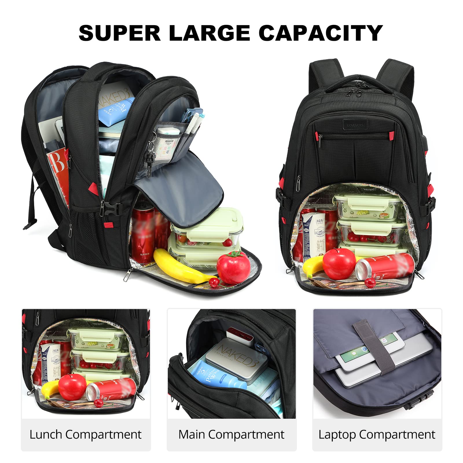 LOVEVOOK Insulated Lunch Backpack for Men - 17 Inch Cooler Bag with USB Charging Port, Waterproof Laptop Backpack for College, Work, Travel, Camping & Picnic | Perfect for Office Commute, Hiking & Outdoor Adventures (17 inch, Black)