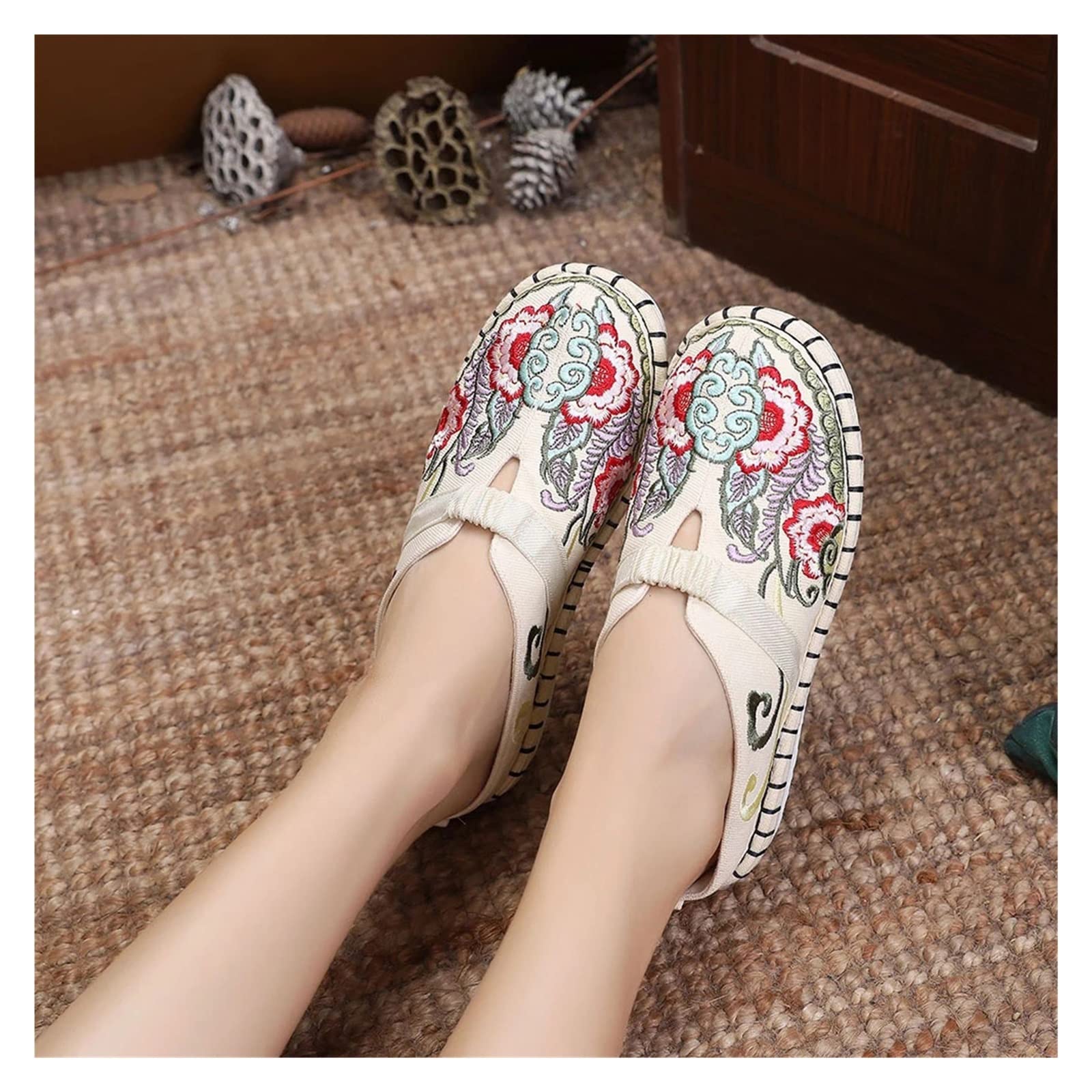 Women's Soft Canvas Embroidered Round Toe Slippers - Cozy Summer Casual Flats for Women (Size 36) - Perfect for Home, Beach and Indoor Comfort