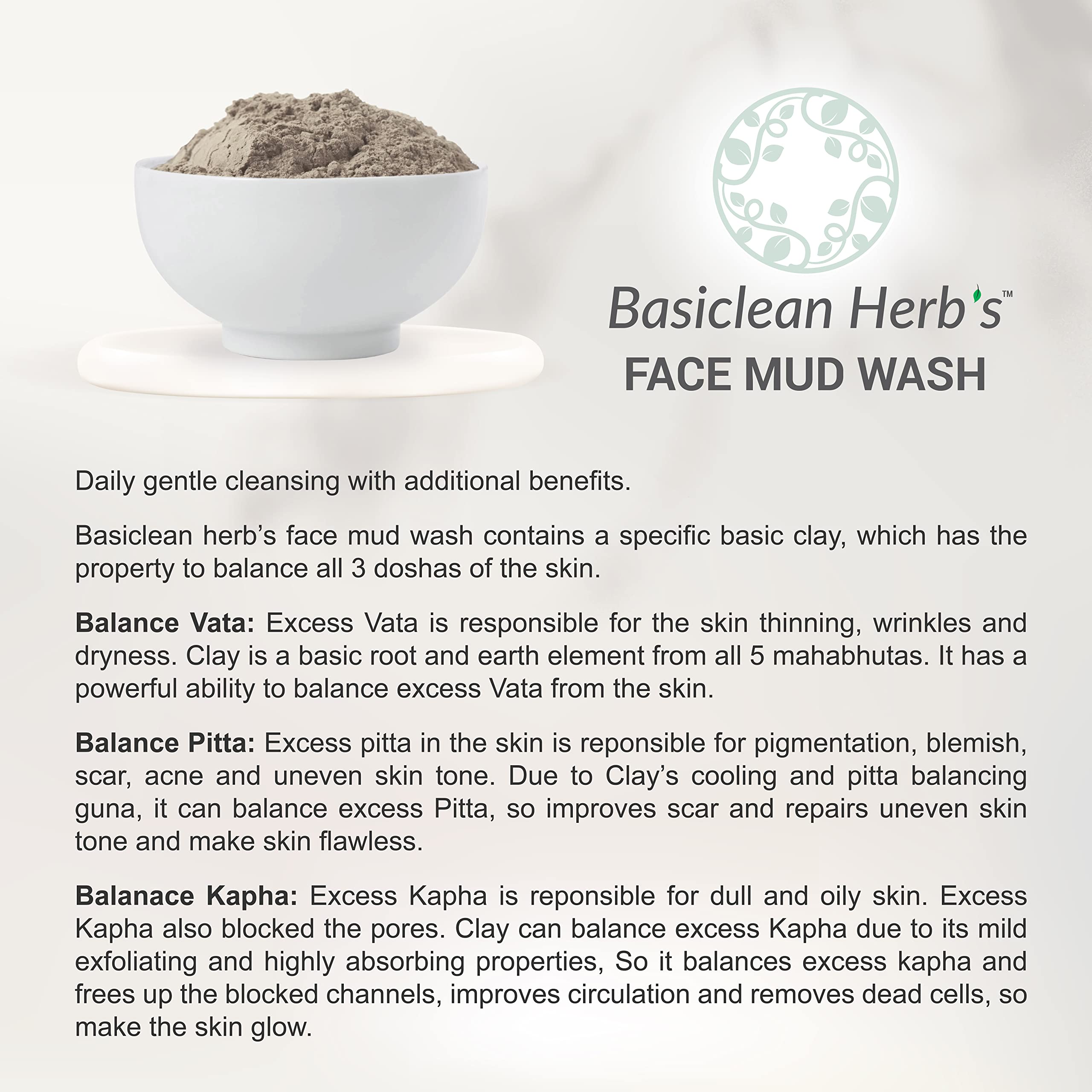 Basiclean Herb's Face Mud Wash - Natural Herbal Face Wash Powder for Bright & Clear Skin | 150g | Deep Cleansing & Exfoliating for Acne, Blackheads & Glowing Complexion | Perfect for Daily Skincare Routine & Spa Treatments