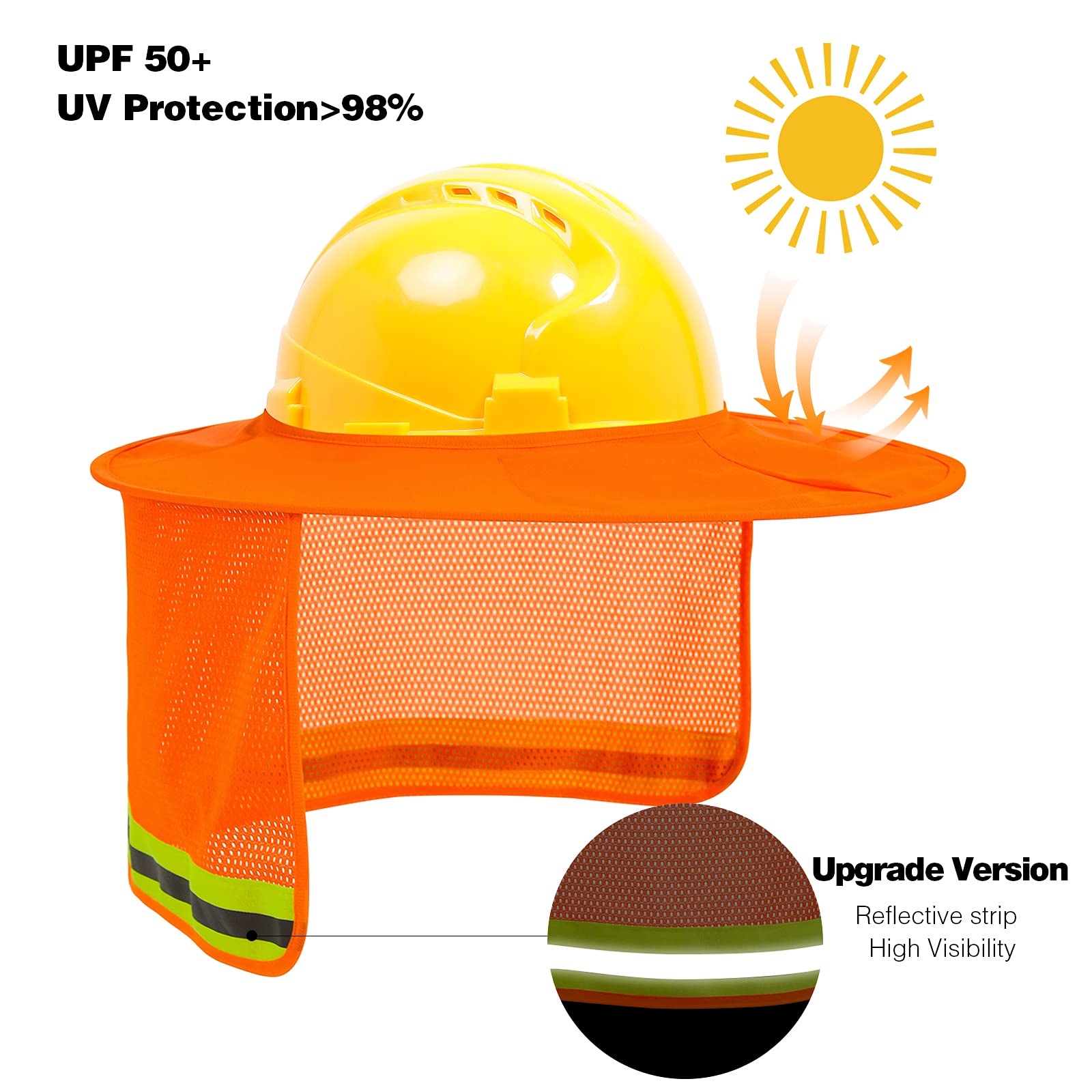 High Visibility Hard Hat Sun Shade & Neck Visor with Reflective Strip - Full Brim Safety Accessory for Men & Women (4 Pack, Orange) - Perfect for Construction, Road Work & Outdoor Labor Protection