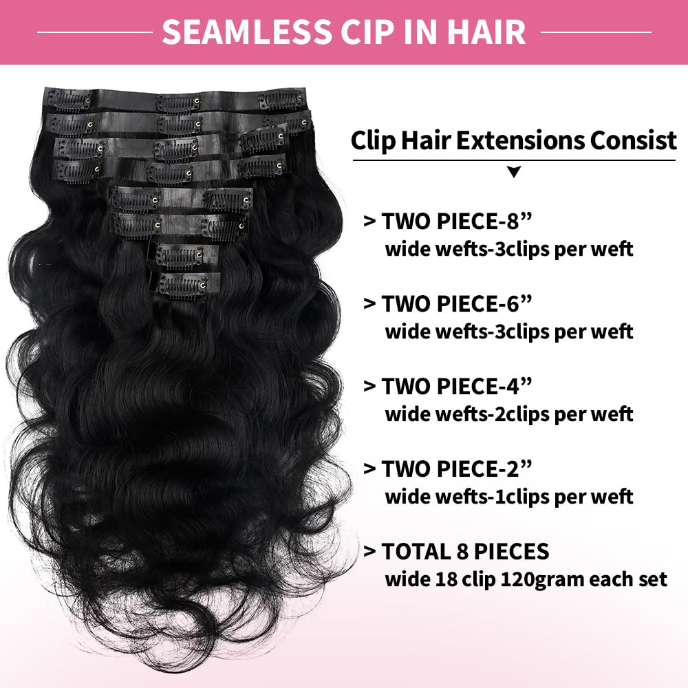 Seamless Clip-In Human Hair Extensions – 8pcs 120g Invisible PU Skin Weft Body Wave 100% Remy Human Hair for Black Women (26 Inch Natural Black) – Perfect for Daily Styling, Parties & Special Occasions