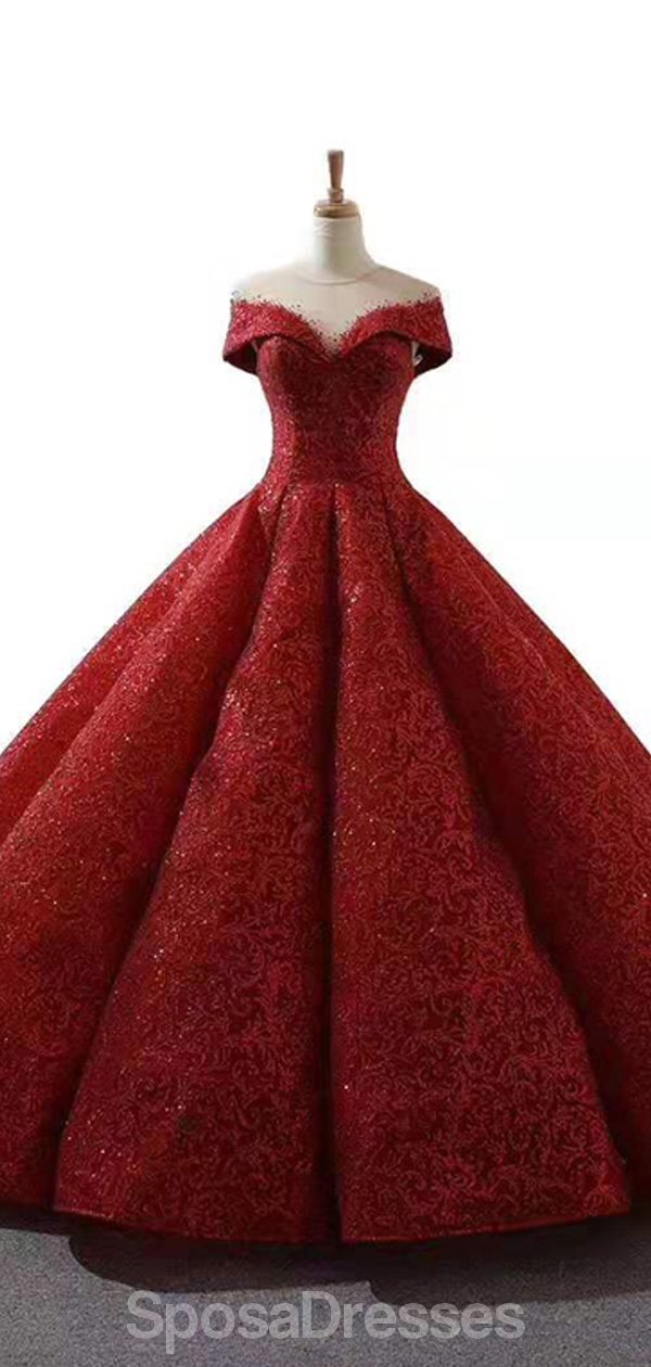 Elegant Dark Red Jewel Neckline Off Shoulder Ball Gown Long Evening Prom Dress for Women - Formal Party, Homecoming, Wedding Guest, Special Occasions