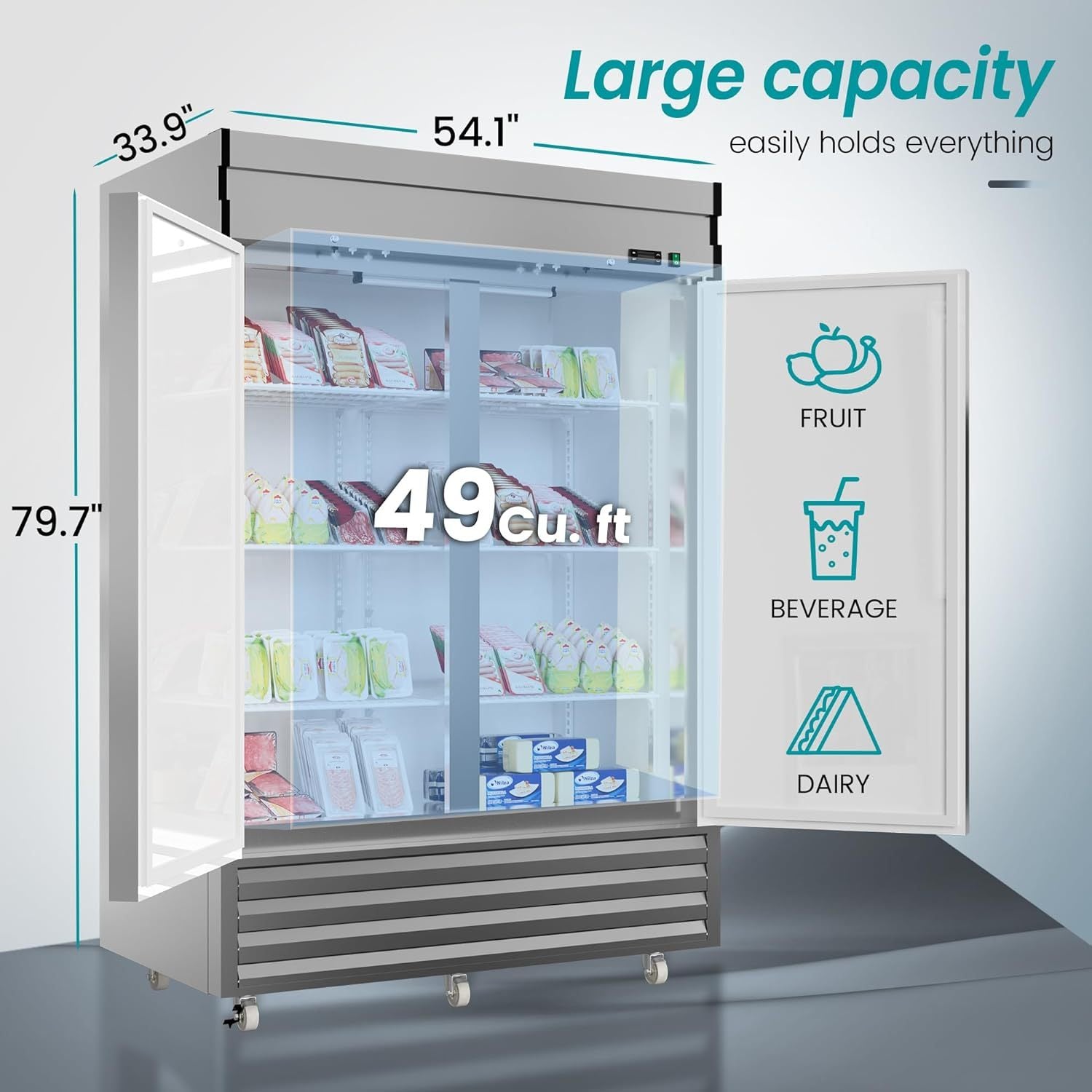 2 Door 49 Cu.Ft Commercial Refrigerator - Stainless Steel Reach-In Freezer with Dynamic Cooling & OmniSmart Temperature Control (33℉~41℉), 6 Adjustable Shelves, LED Light & Digital Thermostat - Ideal for Restaurants, Grocery Stores & Commercial Kitchens