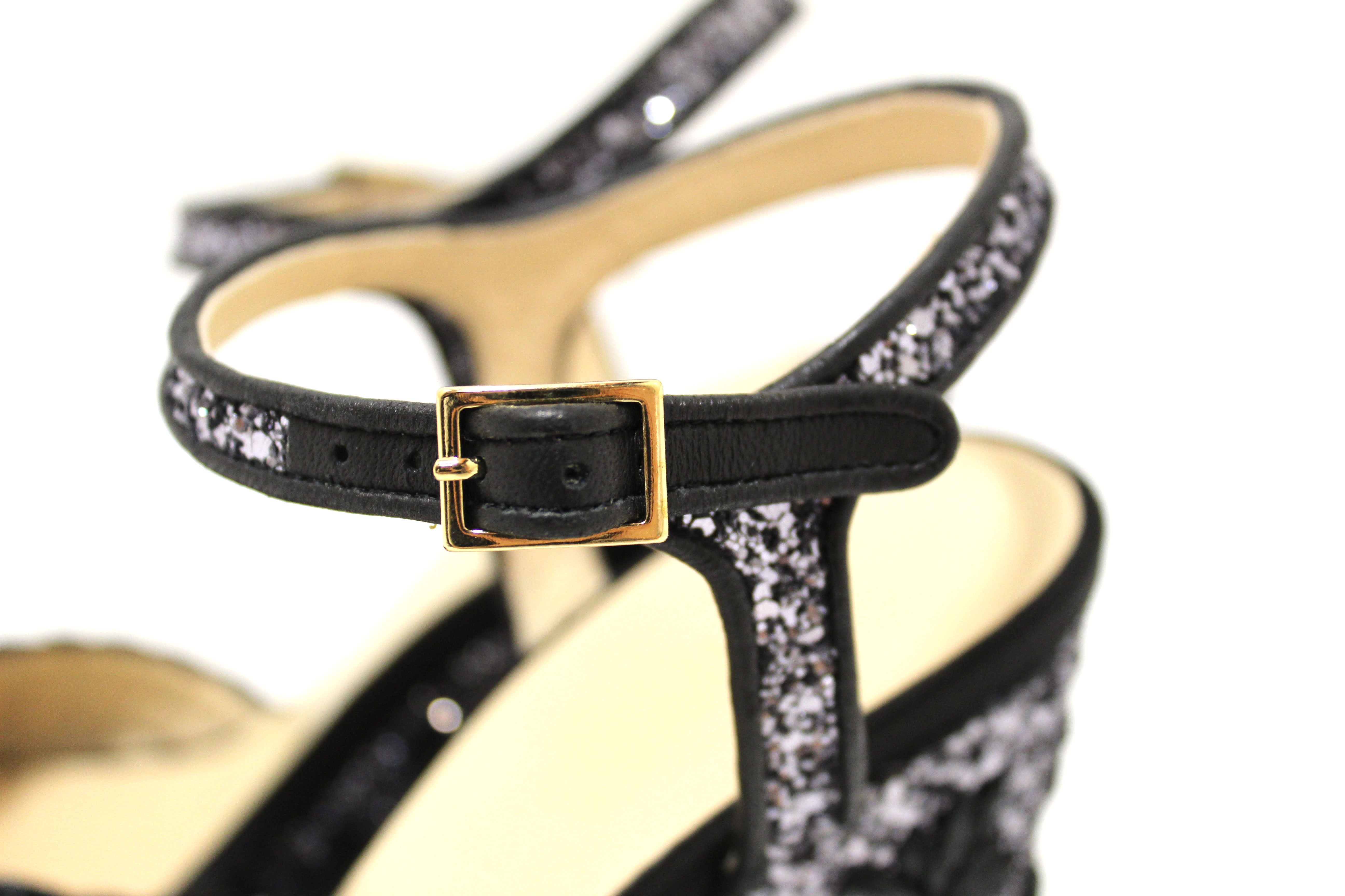 Authentic Jimmy Choo Black Raffia Wedge Sandals with Embroidered Glitter Details - Size 39 US - Perfect for Summer Weddings, Beach Vacations & Evening Parties