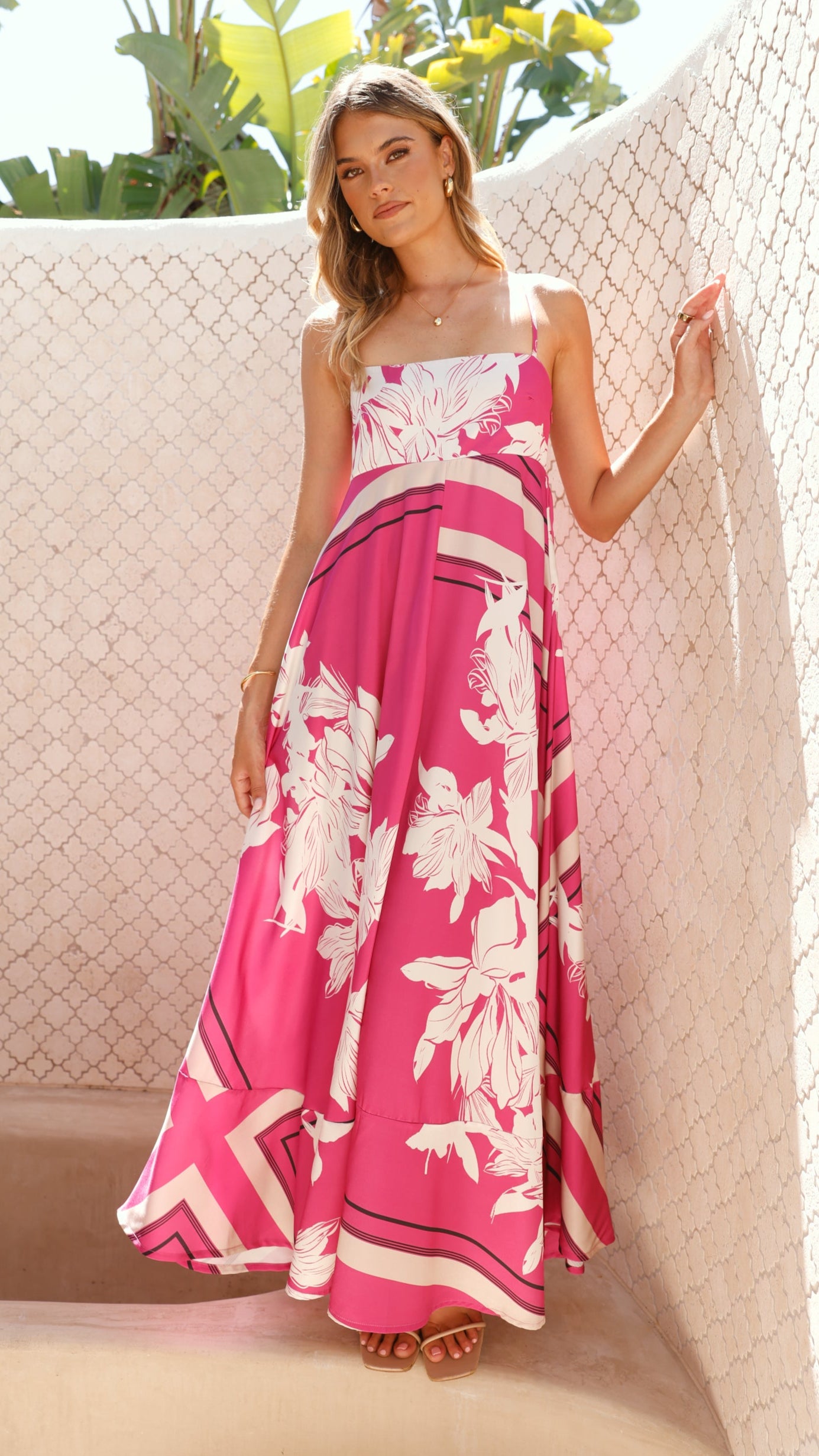 Kaethe Maxi Dress - Hot Pink Floral Print Women's Summer Dress for Beach, Vacation & Casual Wear