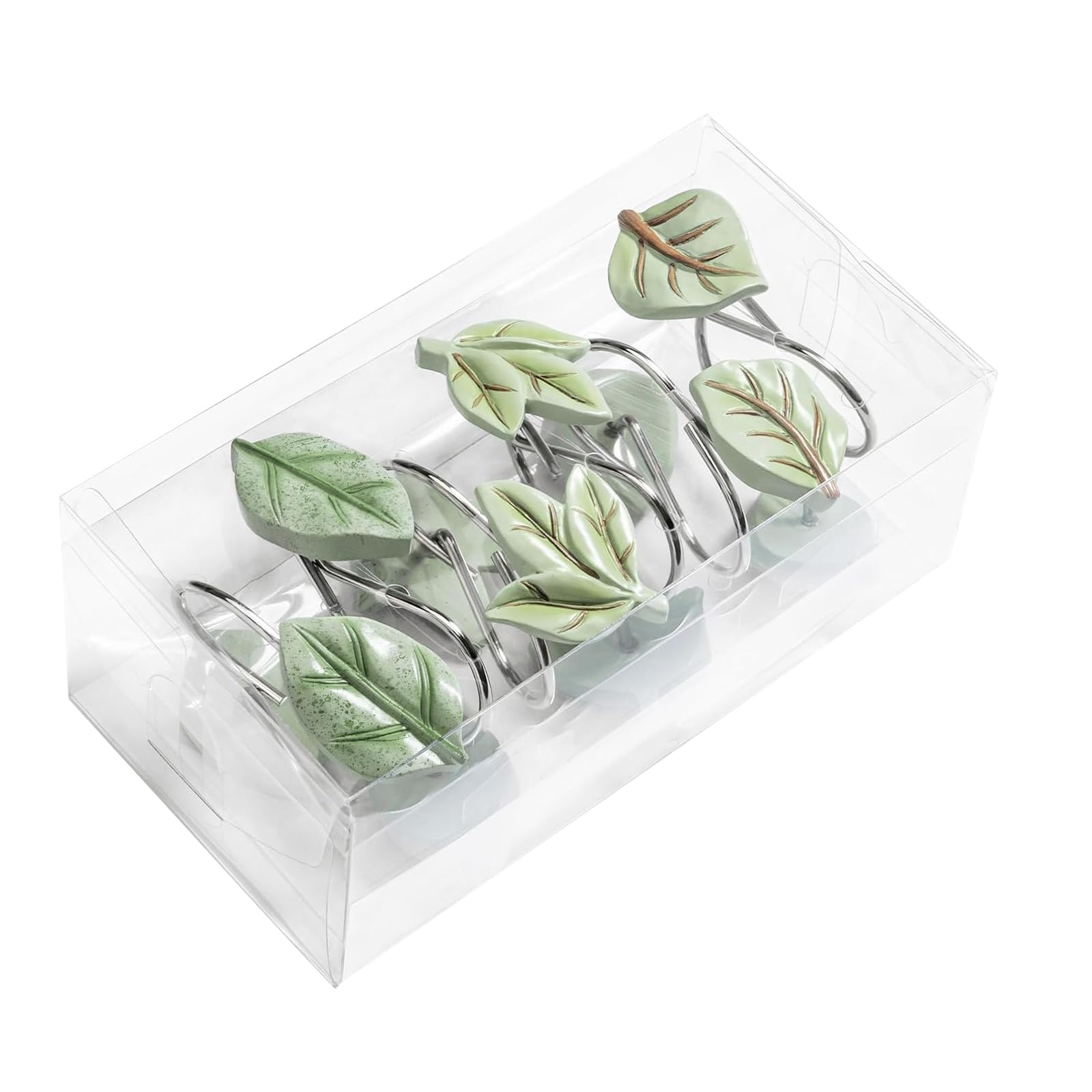 Rust-Proof Stainless Steel Leaf Shower Curtain Hooks - Set of 12 Decorative Green Plant Rings for Bathroom | Waterproof & Durable Bath Accessories for Modern Home Decor