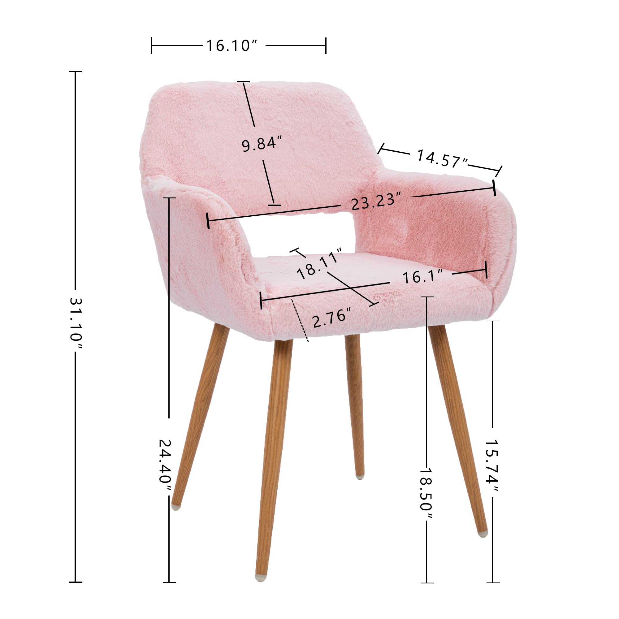 Mid-Century Modern Faux Fur Accent Chair - Pink KCC Furry Desk Chair with Wood-Look Metal Legs, Comfy Armless Office Chair for Teen Girls, Living Room, Dining Room, Home Vanity & Makeup Station - Perfect for Study, Work & Relaxation