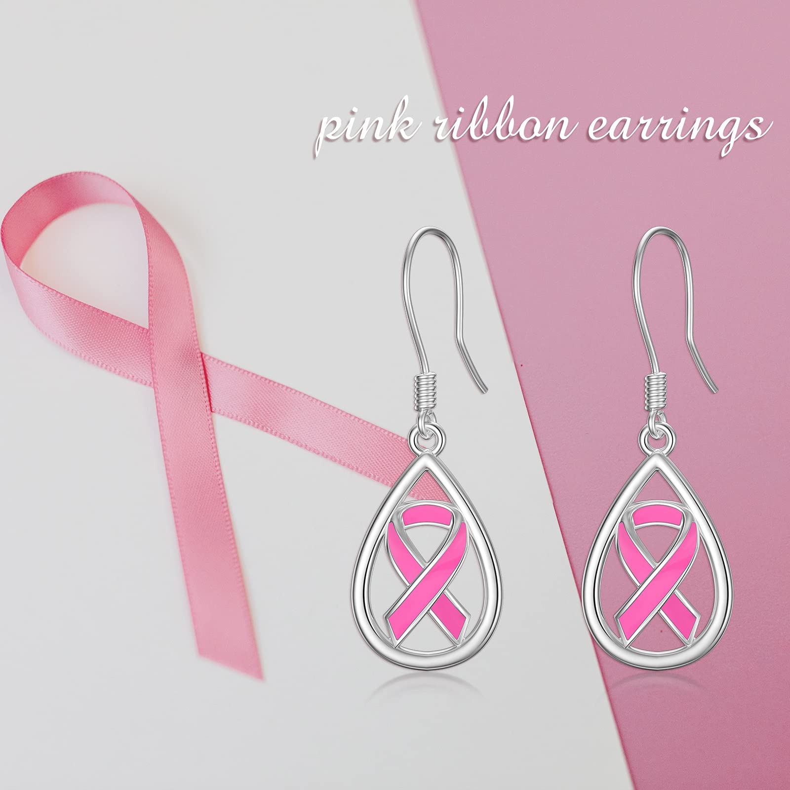 Pink Ribbon Earrings for Women - 925 Sterling Silver Breast Cancer Awareness Dangle Earrings - Inspirational Gift for Survivors & Supporters - Perfect for Fundraisers, Awareness Events & Daily Wear