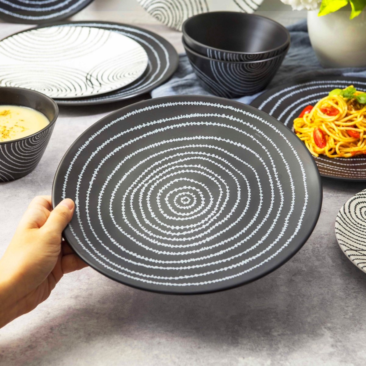12-Piece Black Planet Melamine Dinnerware Set - Plates & Bowls for Outdoor Picnics, Camping, and Durable Everyday Use