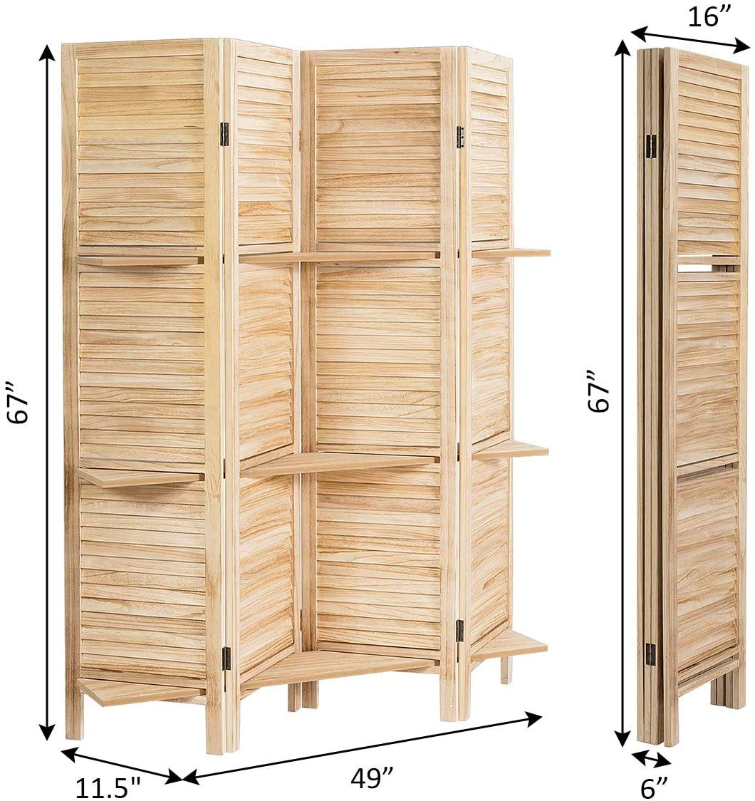 HappyGrill 4 Panel Folding Room Divider with Display Shelf - 5.6 Ft Tall Natural Wood Privacy Screen for Home, Office & Dorm - Perfect for Room Separation, Space Partition & Decorative Storage