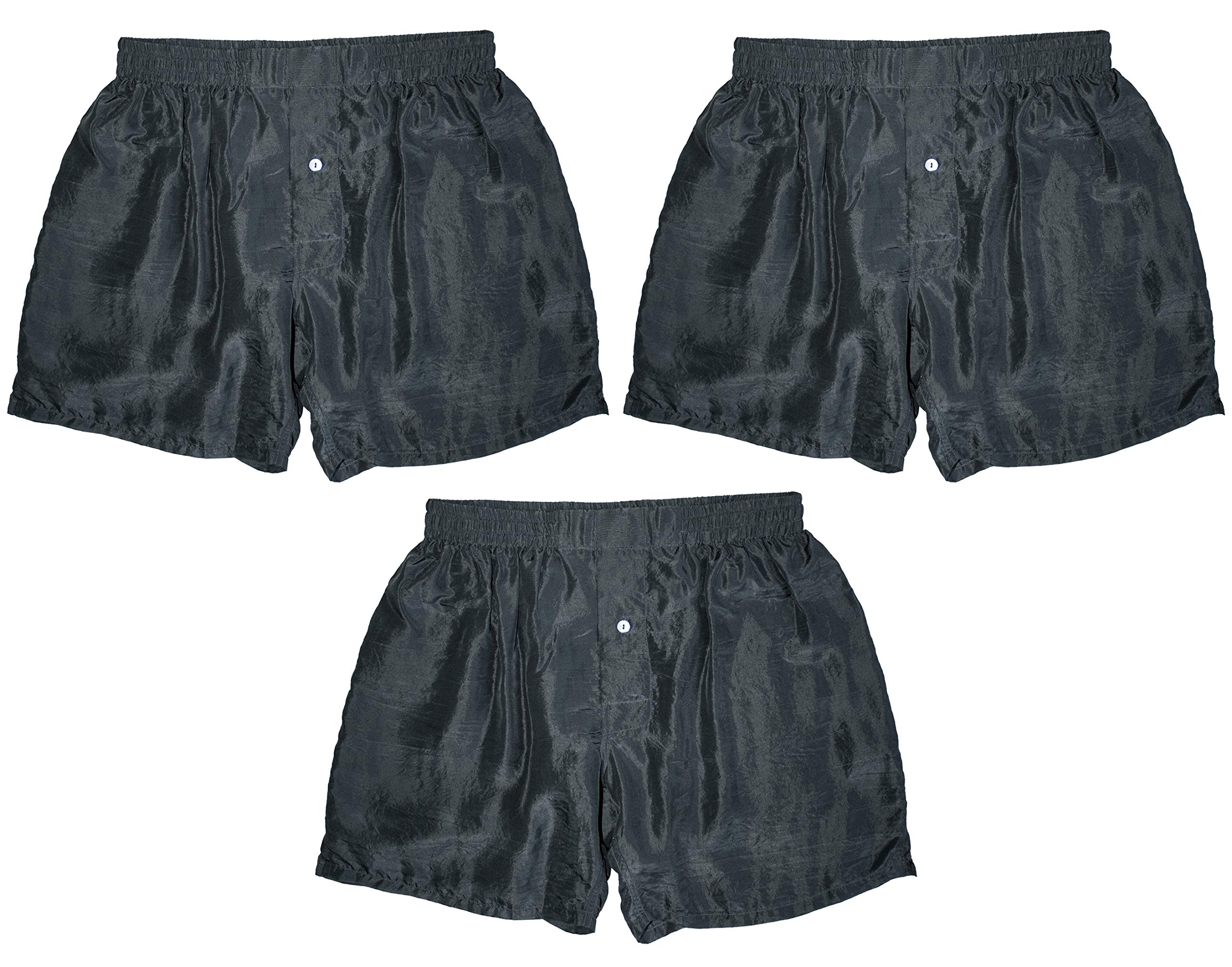 Royal Silk Men's Boxer Shorts - 100% Pure Silk Underwear Set of 3, Charcoal Grey, Sizes 30-42