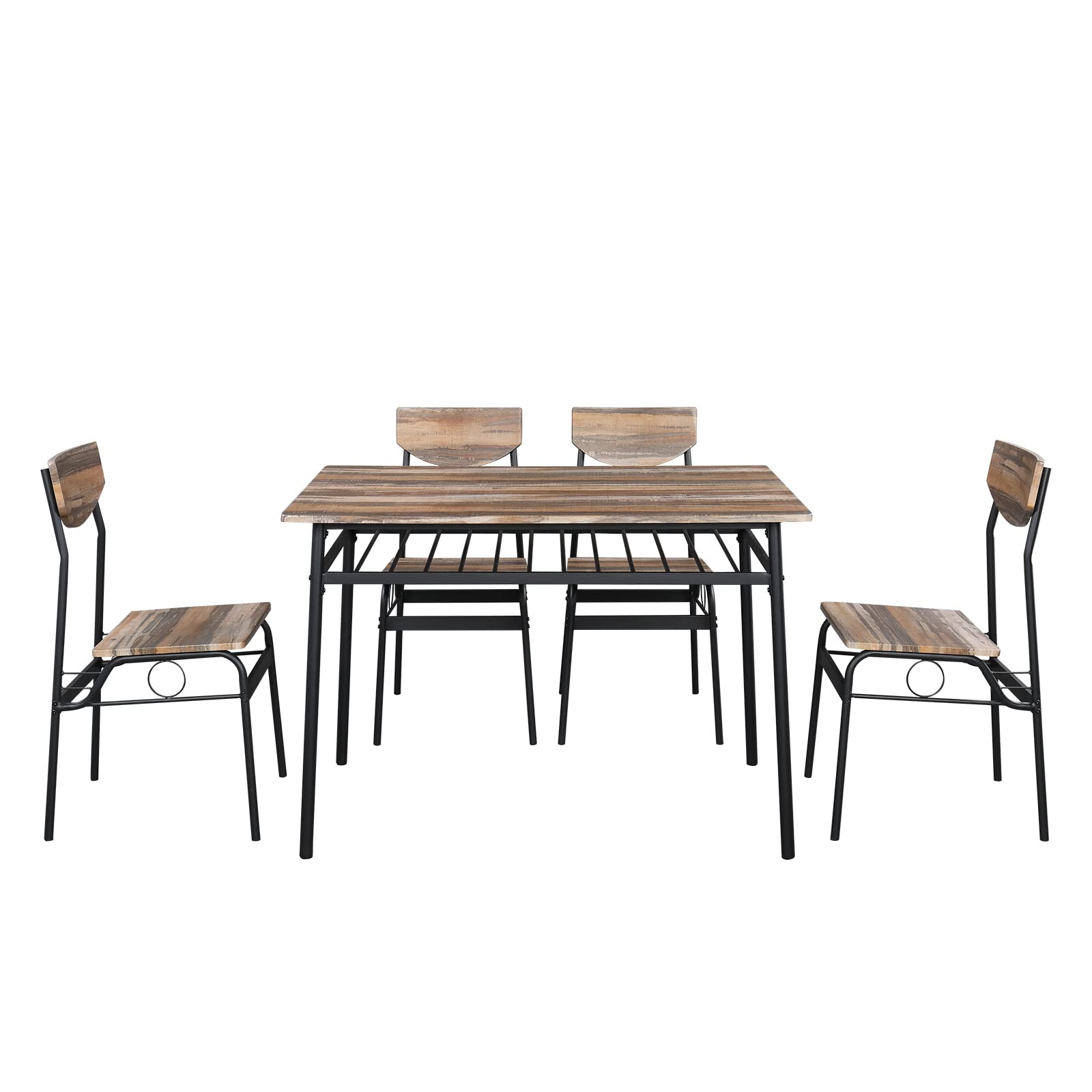 Rectangular P2 Board Iron Compartment Dining Table Set with 4 Chairs - Natural Wood Color | Space-Saving Disassemblable Design for Small Apartments & Outdoor Patios