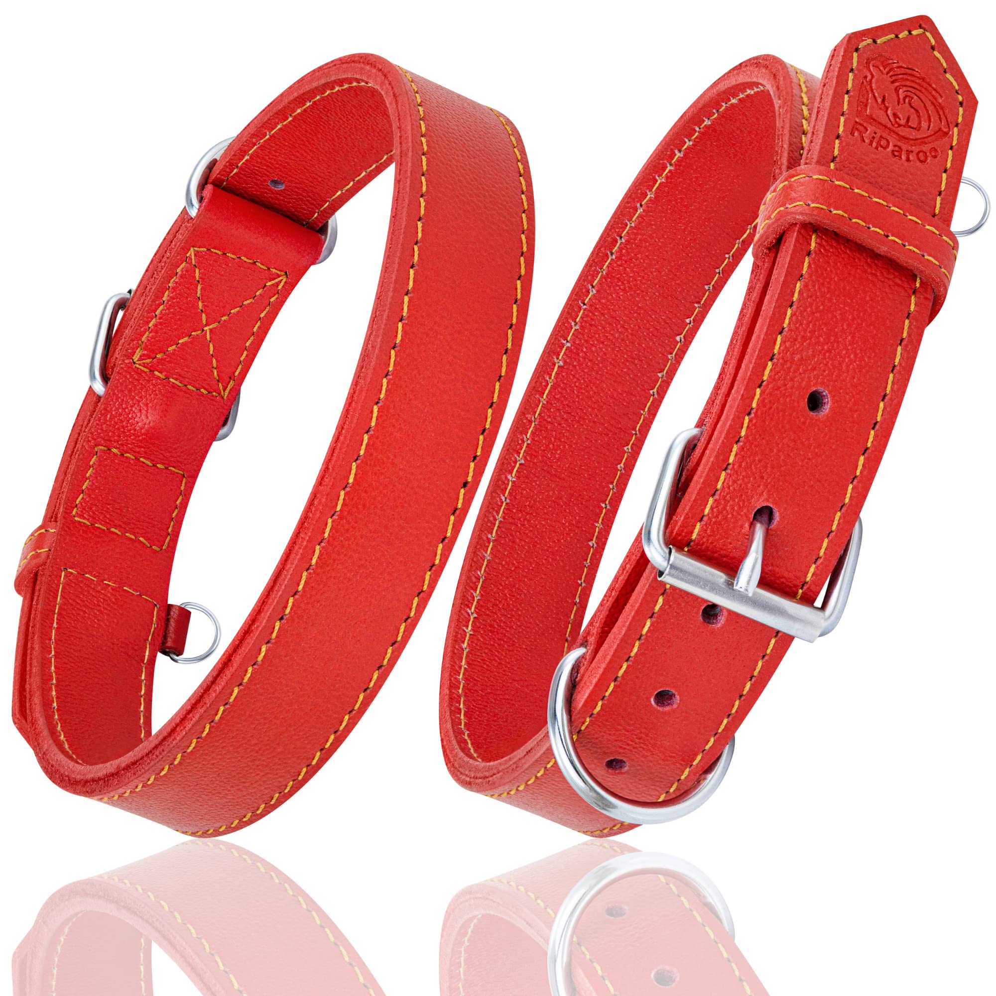 Genuine Leather Dog Collar for Medium Large & XL Breeds - Adjustable Heavy Duty Pet Collar with Durable Hardware (Red, Size L) - Perfect for Walking, Training & Outdoor Adventures