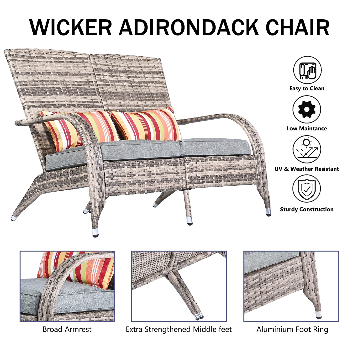 Outdoor Patio Wicker Loveseat Bench - Grey Rattan Double Adirondack Chairs with Cushions, Comfortable Deep Seating High Back Sofa for Deck, Balcony, Garden & Fire Pit Relaxation