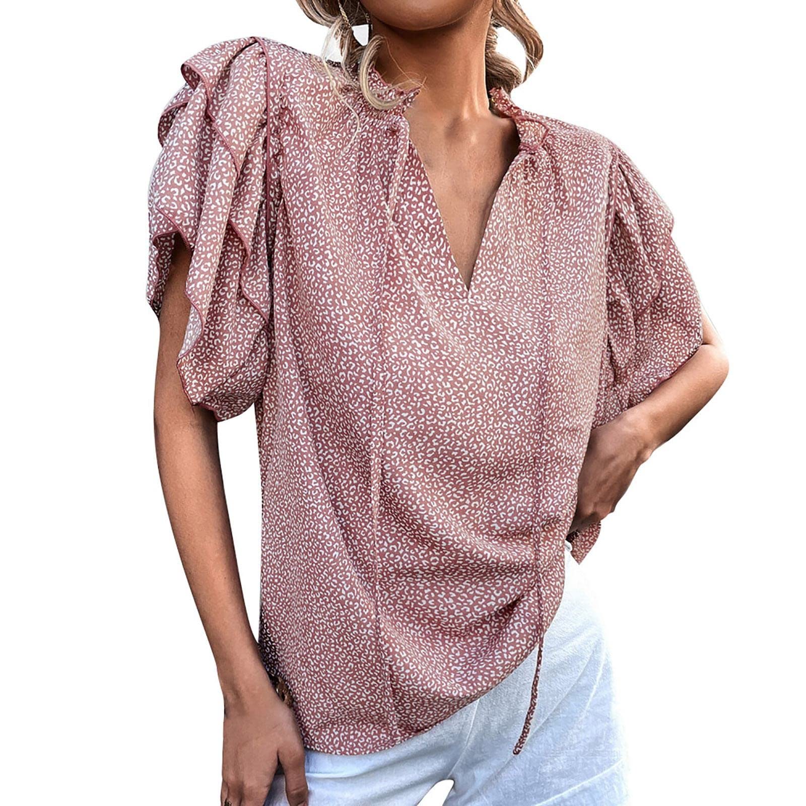 Women's Casual Summer Tunic Top - V Neck Tiered Bell Sleeve Leopard Print Loose Blouse for Beach, Vacation & Everyday Wear
