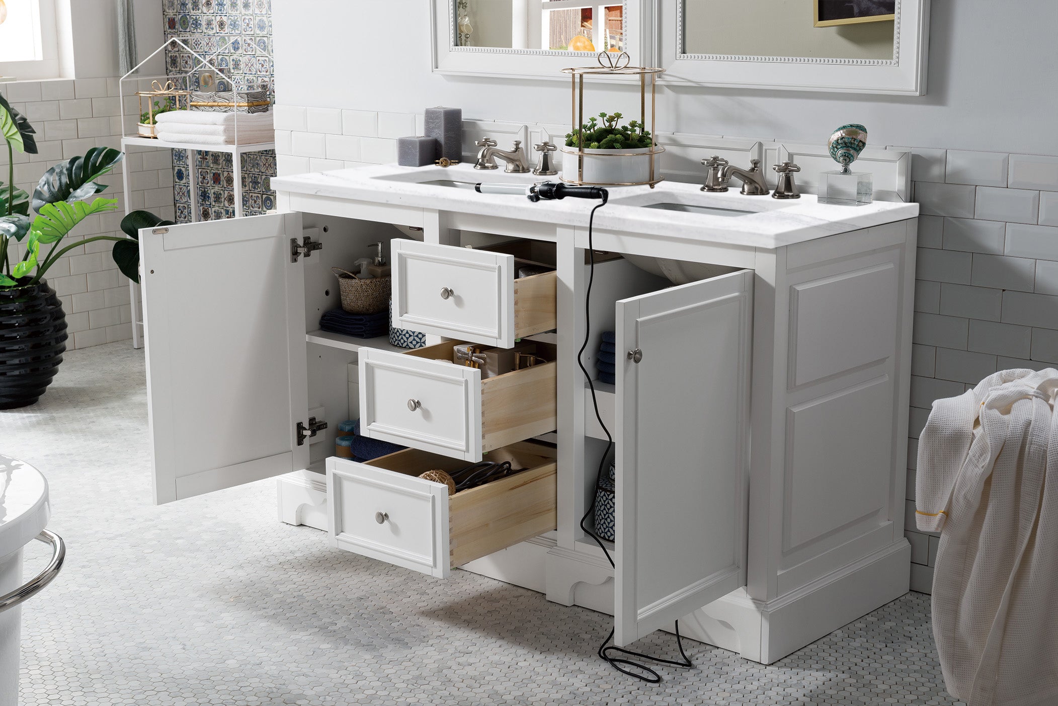 De Soto 60 Inch Double Vanity with 3CM Arctic Fall Solid Surface Top in Bright White - Perfect for Modern Bathroom Renovations and Master Suite Upgrades