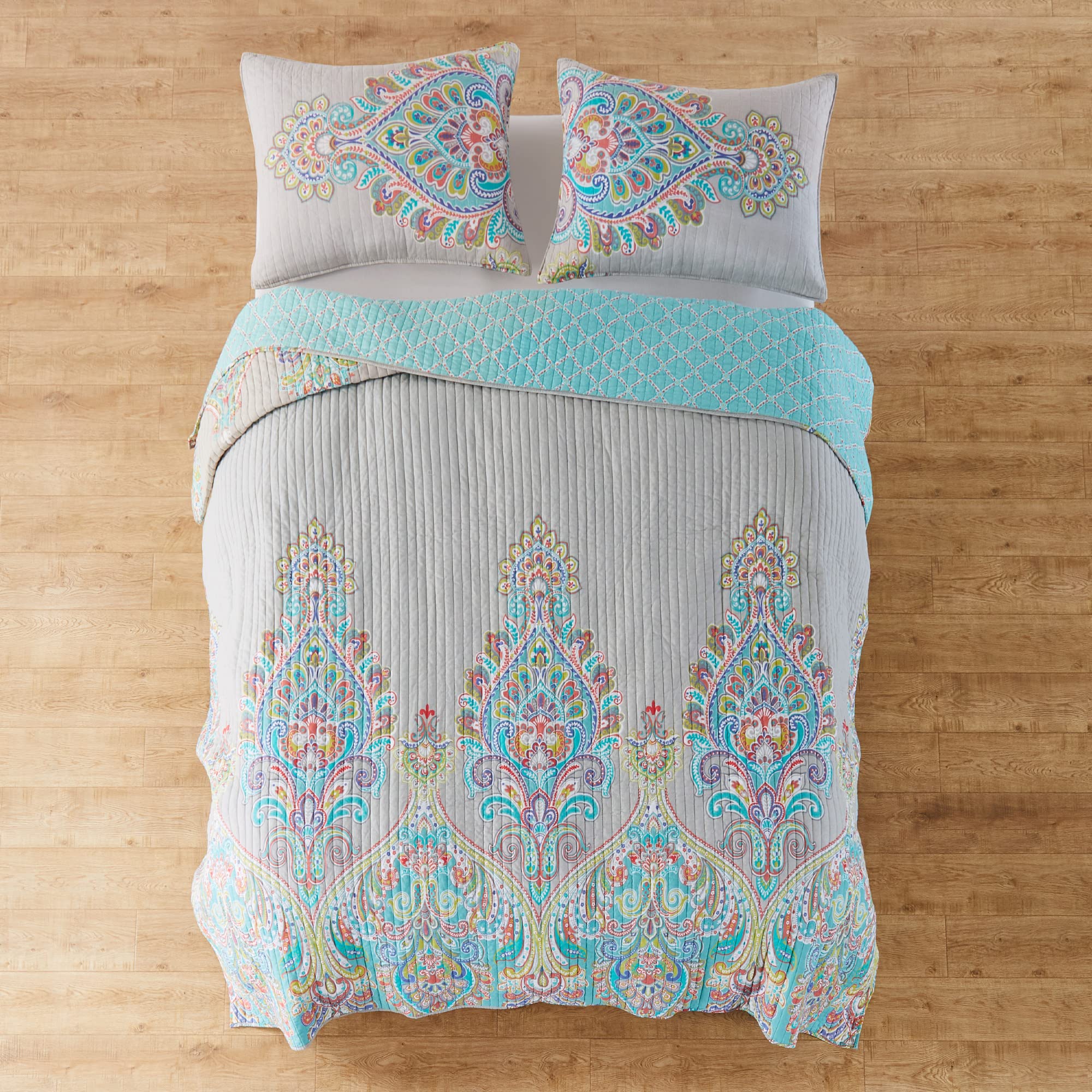 Levtex Home Deniza King Quilt Set - 100% Cotton Paisley Pattern Bedding in Grey, Teal & Red | Luxury Comfort for Master Bedroom & Guest Room Decor