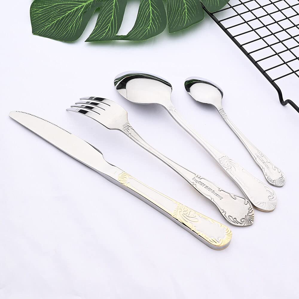 32-Piece Gold Stainless Steel Flatware Set - Knife, Fork & Spoon Cutlery for Dinner - Elegant Tableware for Home, Restaurant & Party Use - BY ZZYY (Gold)