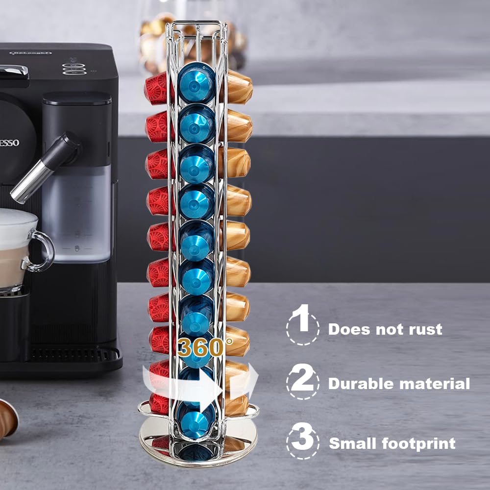 Rotating Coffee Pod Holder Organizer - 40 Capsule Storage for Nespresso OriginalLine - Space Saving Coffee Pod Dispenser for Home, Office & Kitchen - Silver (Perfect for Countertop & Cabinet Organization)