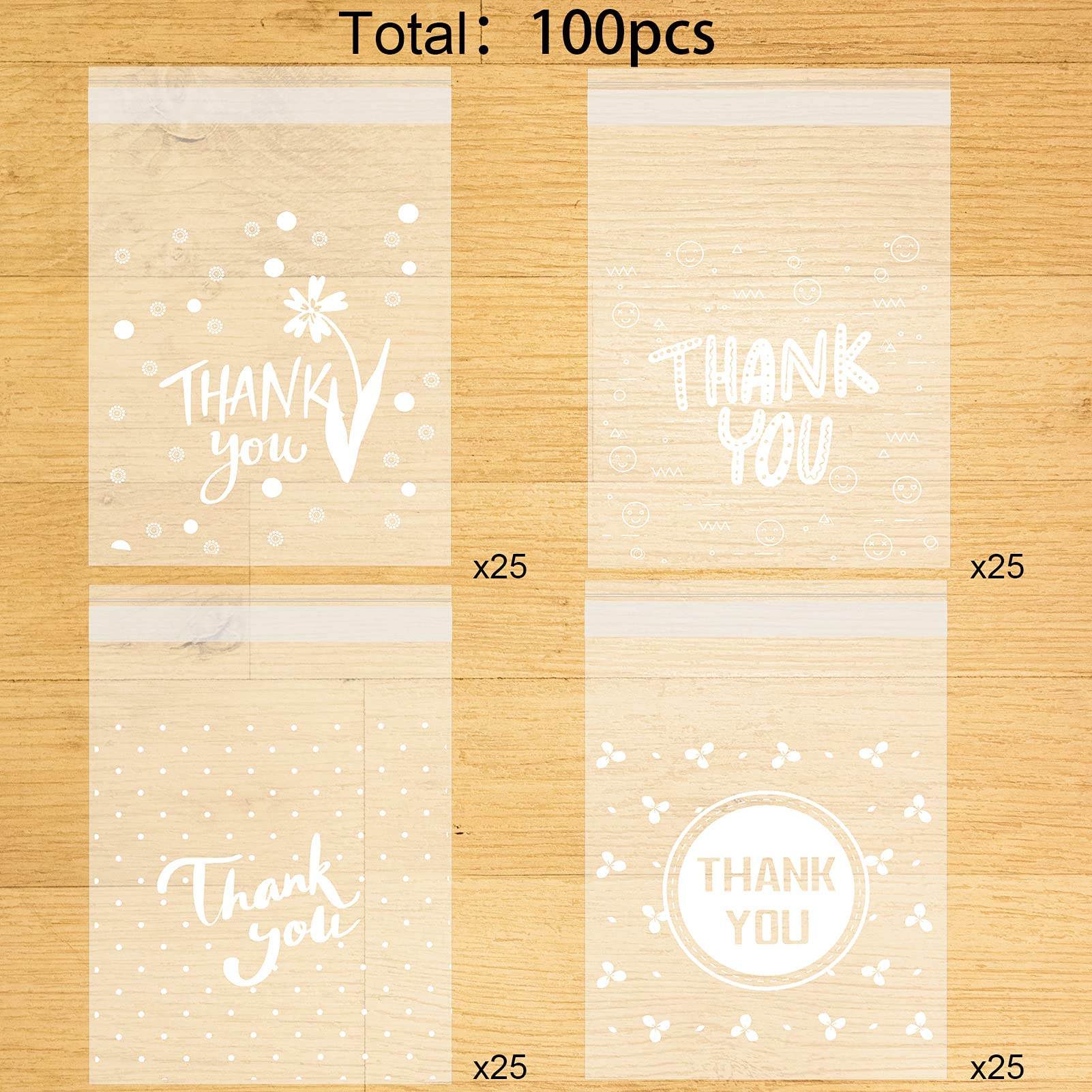 100-Pack Self-Adhesive Thank You Cookie Bags - 5.9×7 Inch Plastic Treat Bags for Candy, Sweets & Biscuits | Perfect for Birthday Party Favors, Wedding Favors & Gift Packaging | Reusable Cellophane Goodie Bags for Desserts & Snacks