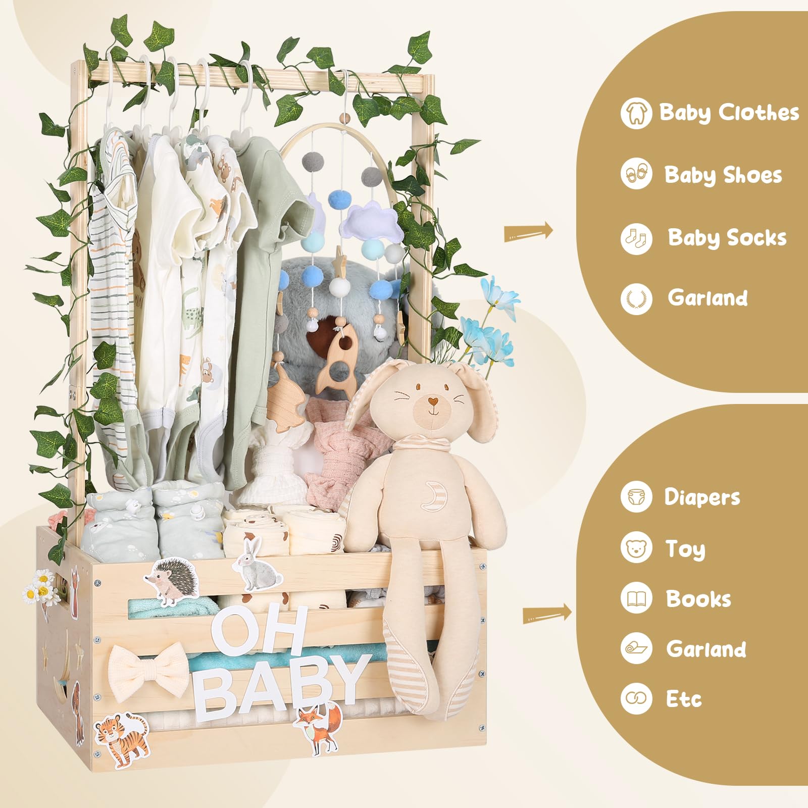 Personalized Baby Shower Gift Basket - Large Wooden Crate with Adjustable Handle & Custom Letters for Newborn Boys & Girls | Nursery Decor, Baby Closet Organizer, Pregnancy Gift for New Parents | Perfect for Gender Reveals, Baby Showers & Nursery Decorations