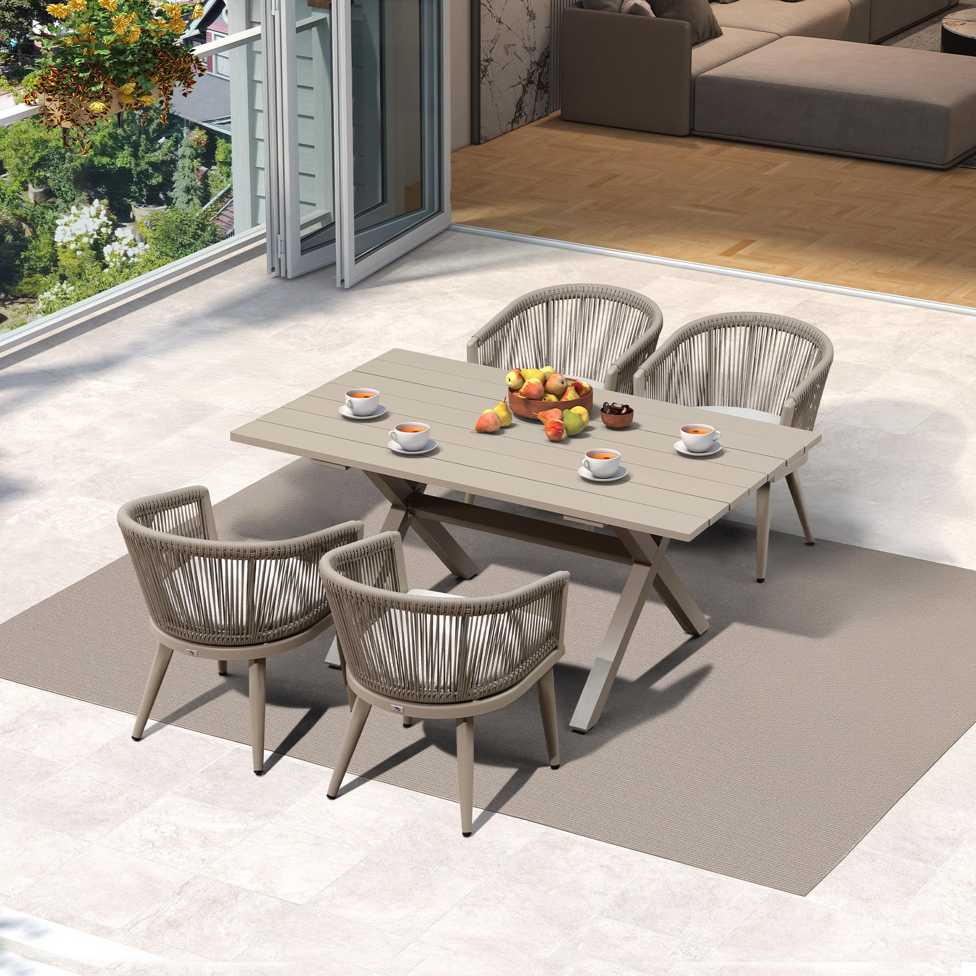 Purple Leaf 5-Piece All-Weather Outdoor Dining Set with Aluminum Table & Rope Weave Chairs (Includes Cushions) - Patio Furniture for Backyard, Deck, Garden or Indoor Kitchen - Modern Champagne Color