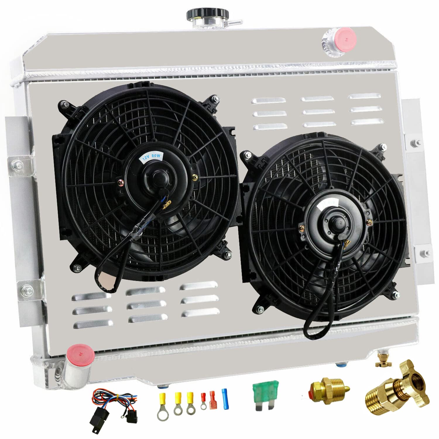 High-Performance 3 Row Aluminum Radiator for 1972-1986 Jeep CJ5 CJ6 CJ7 & Scrambler - Direct Fit Replacement for L6 & V8 Engines - Includes Shroud & Fan Relay - Perfect for Off-Roading & Classic Jeep Restoration