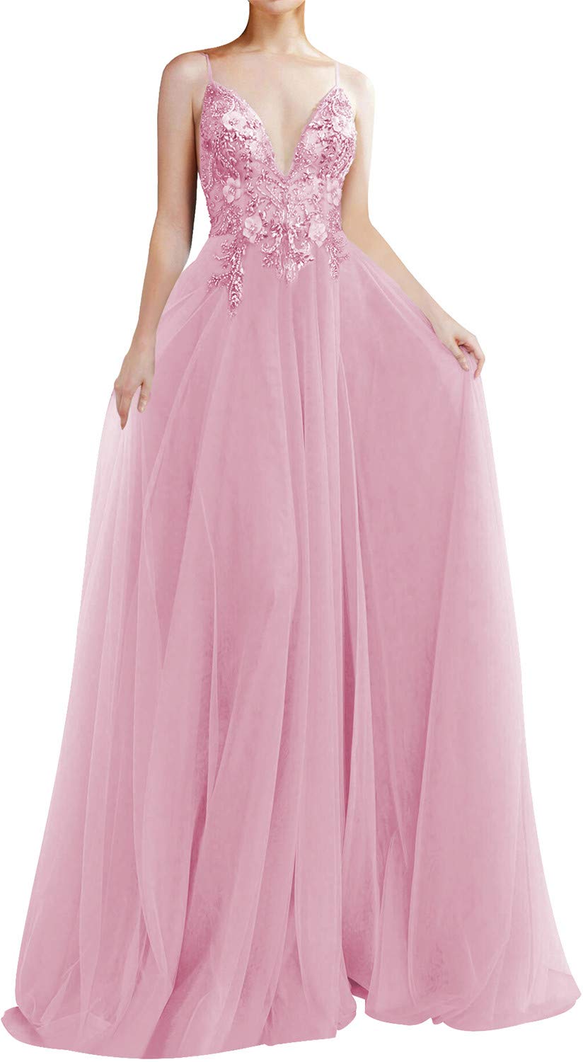 Elegant Long Tulle Prom Dress with Beaded Details - V-Neck Sleeveless Formal Evening Gown for Homecoming, Ball & Special Occasions