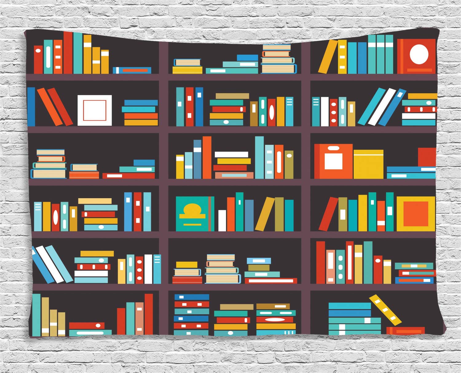 Ambesonne Bookshelf Tapestry - Library Themed Cartoon Wall Art with Book Shelves Print, 80x60 Inch Large Wall Hanging Decor for Bedroom, Living Room, Dorm - Perfect for Study Spaces, Reading Nooks & Book Lover Gifts