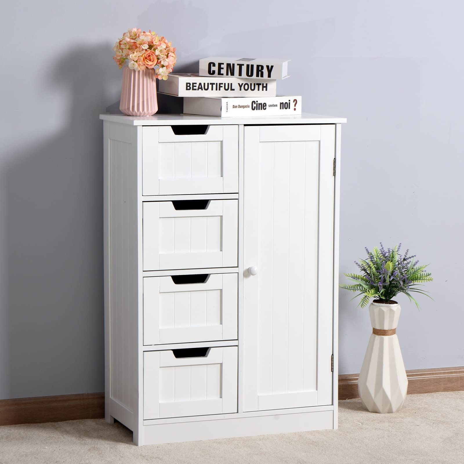 Freestanding Bathroom Cabinet with Adjustable Shelf & 4 Drawers - White Storage Cupboard for Bathroom, Kitchen, Living Room | Space-Saving Organizer for Towels, Toiletries & Household Items