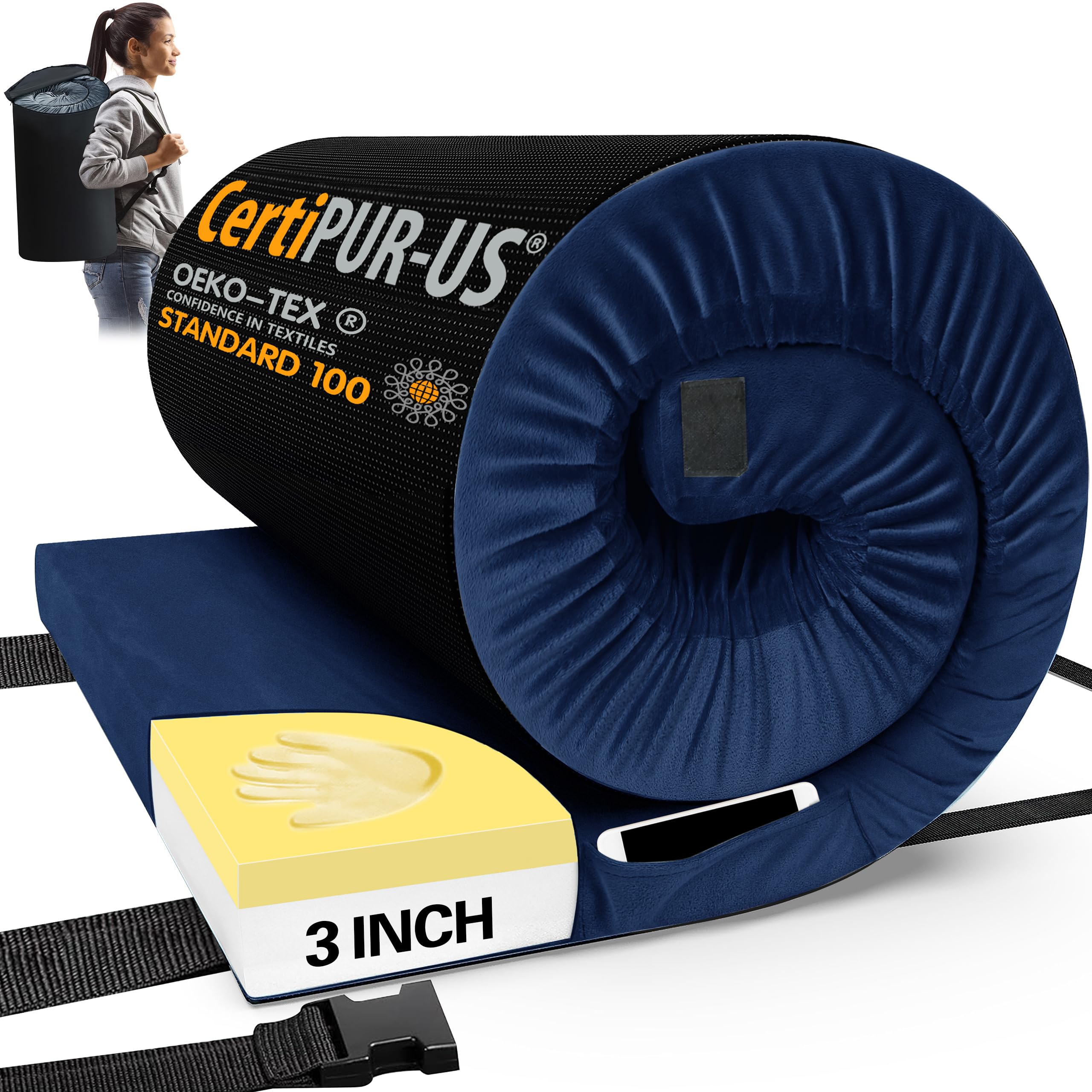 CYMULA Memory Foam Camping Mattress - Portable Roll-Up Sleeping Pad for Adults | CertiPUR-US Certified | Camping, Guest Bed, Travel & Car Sleeping Mat with Carry Bag | Perfect for Outdoor Adventures, Sleepovers & Road Trips