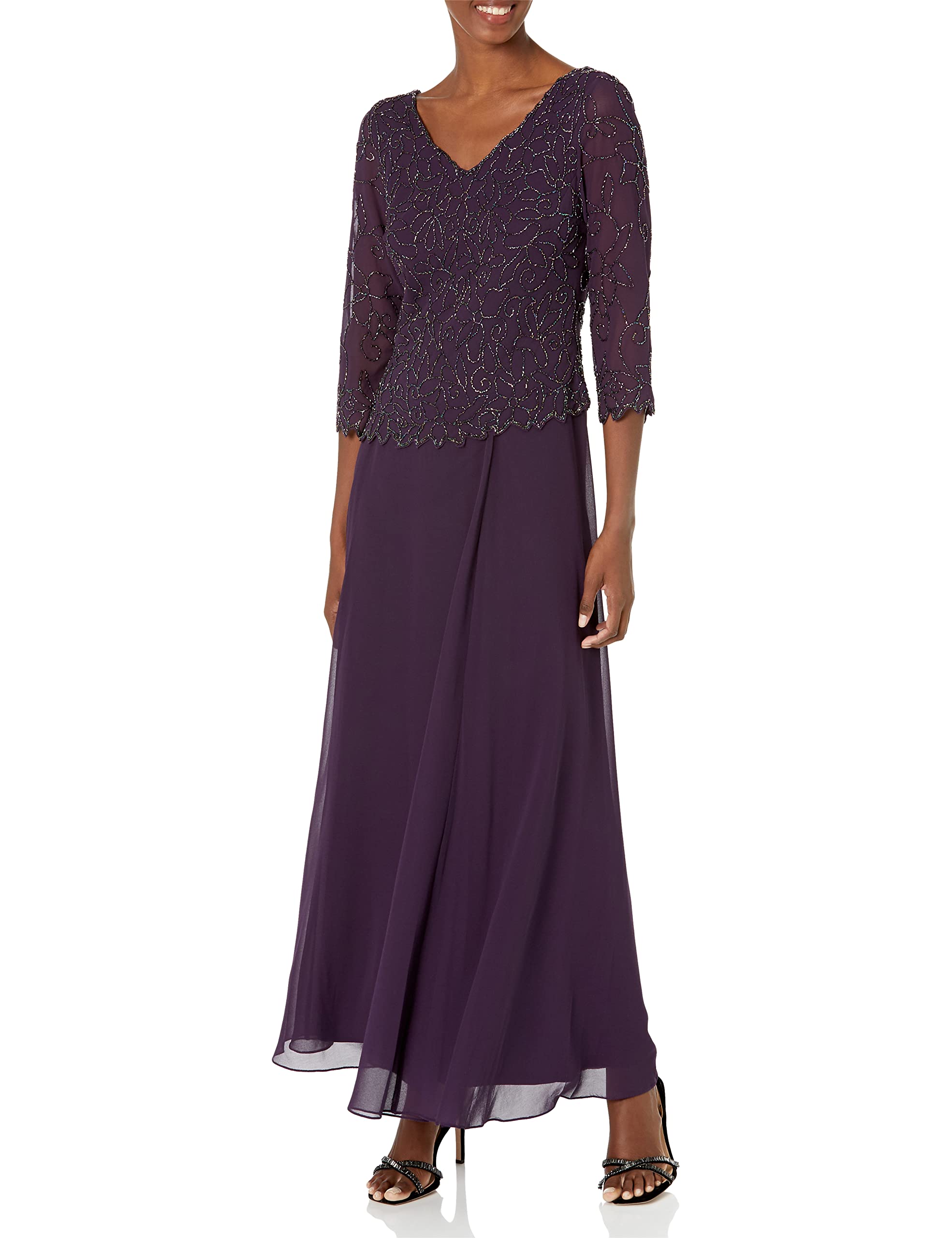 J Kara Women's Flowy V-Neck 3/4 Sleeve Midi Dress - Elegant Casual & Office Wear for Spring/Summer | Perfect for Work, Date Night & Special Occasions