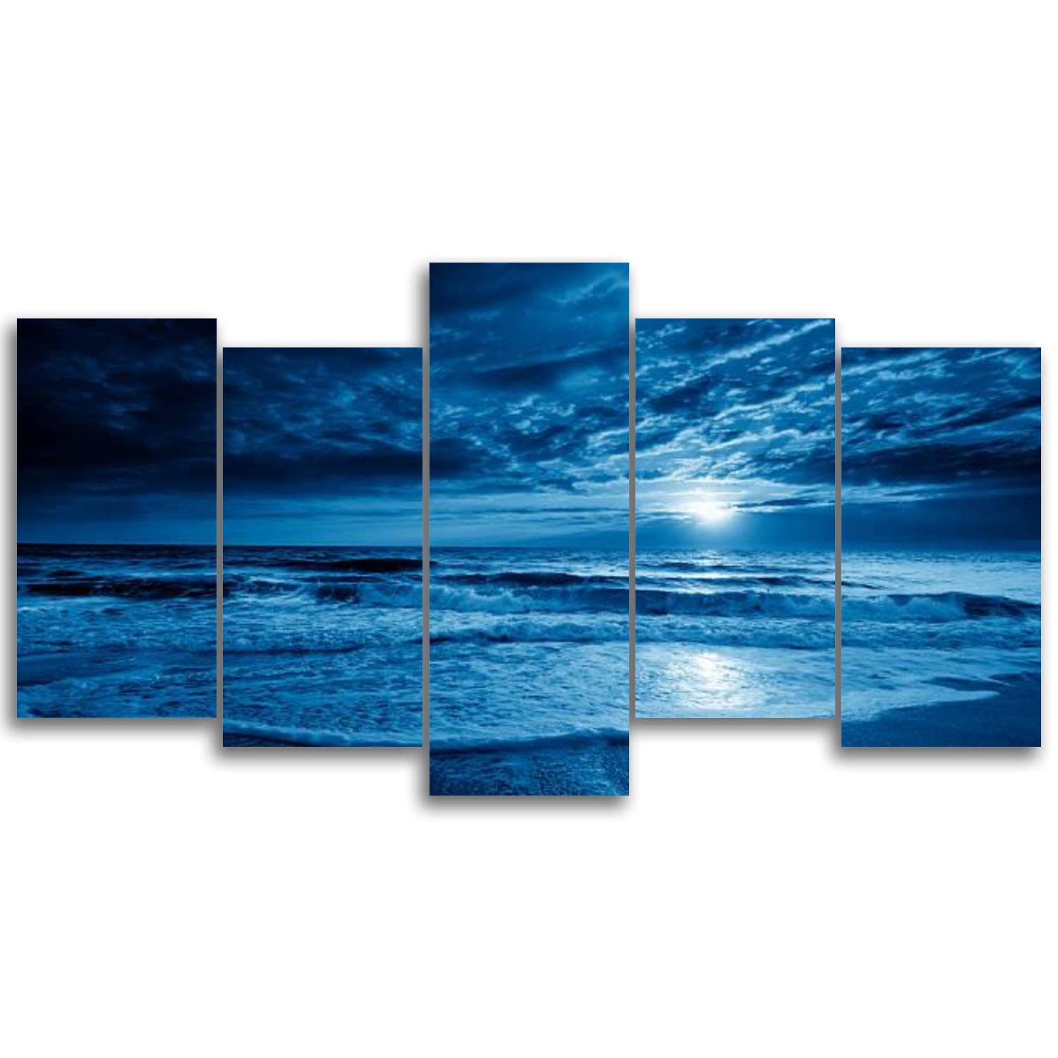 Midnight Blue Coastal Moonrise Canvas Wall Art - 5 Panels for Living Room & Bedroom Decor