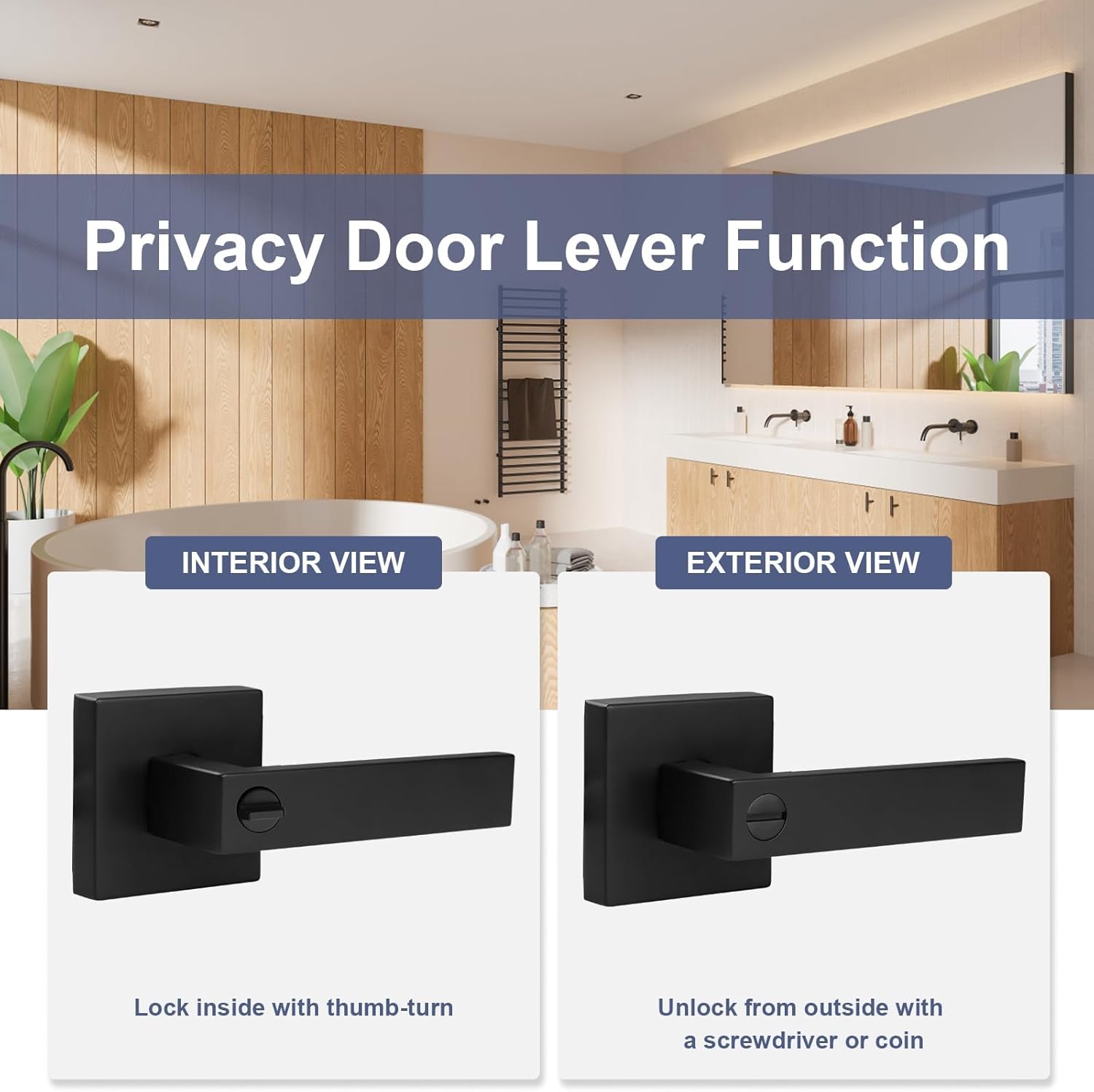 6 Pack Matte Black Door Handles - Keyless Square Privacy Levers for Bedroom & Bathroom - Heavy Duty Reversible Design
