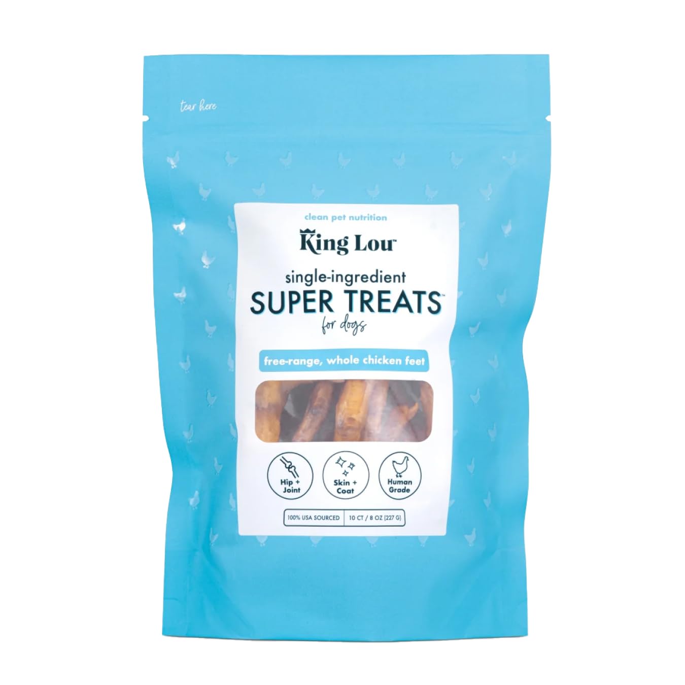 King Lou Pets - Dehydrated Chicken Feet Dog Treats for Dental Health - USA-Made Natural Chews with Collagen, Glucosamine & Chondroitin for Hip & Joint Support - 10 Count - Perfect for Training, Rewards & Long-Lasting Chewing Fun