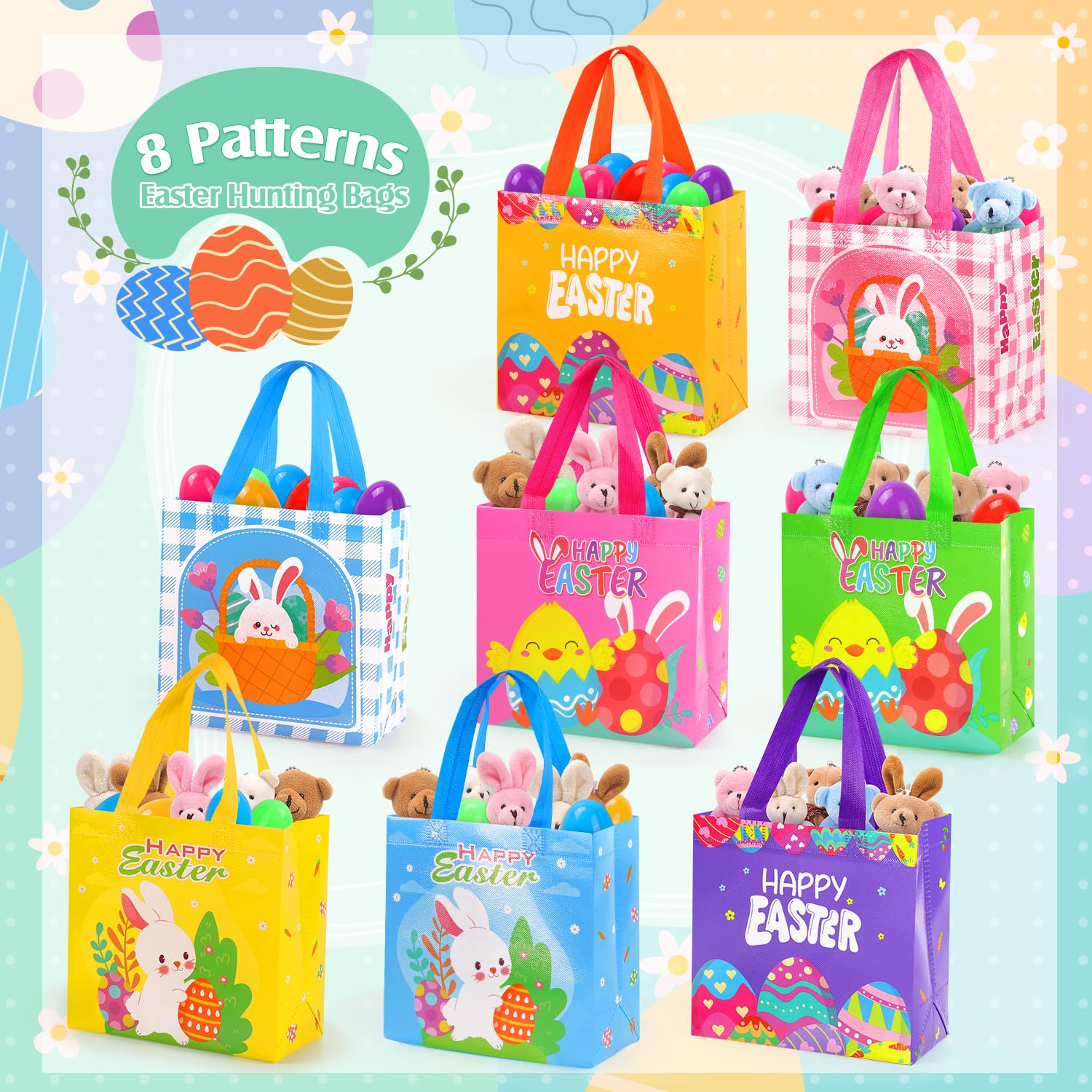 16PCS Reusable Easter Gift Bags with Handles - Non-Woven Easter Egg Hunt Treat Bags for Party Favors, Candy & Goodies | Easter Basket Fillers, Holiday Gift Wrapping & Spring Party Supplies
