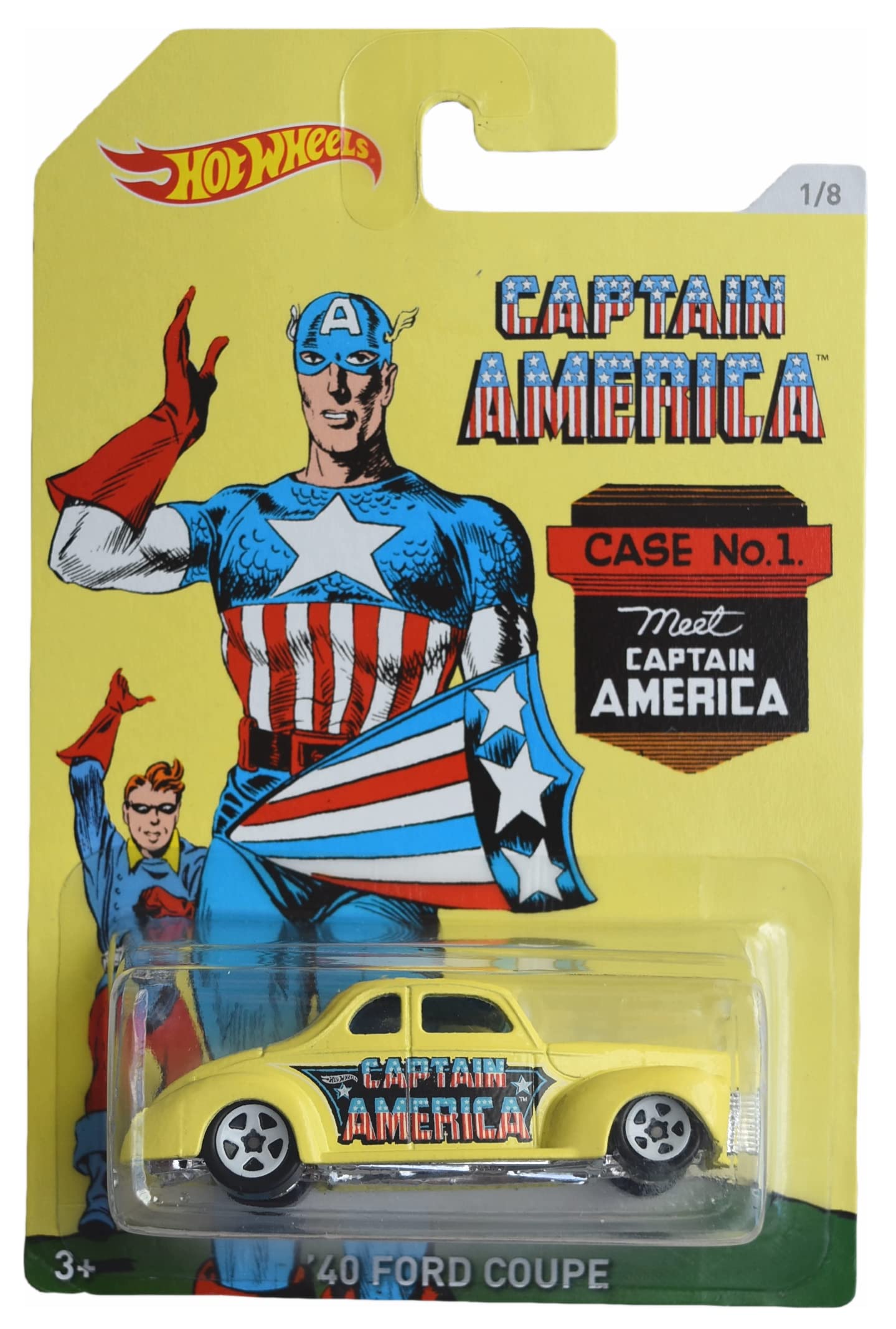 Hot Wheels '40 Ford Coupe Diecast Car - 1/8 Scale Captain America Edition (Yellow) | Collectible Toy for Marvel Fans & Car Enthusiasts | Perfect for Display, Gifts & Play