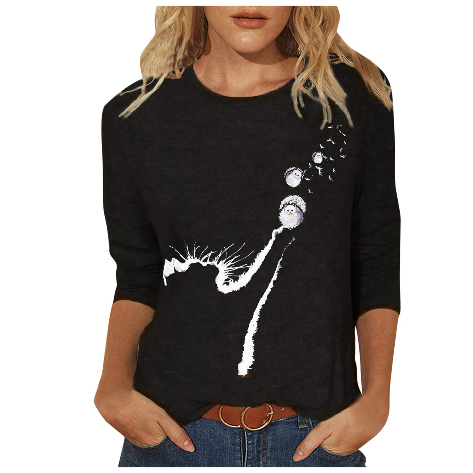 Women's Long Sleeve Lounge Shirts - Soft O-Neck Printed Blouse & Casual Cat Graphic Tops for Everyday Wear | Perfect for Work, Home & Weekend Outfits