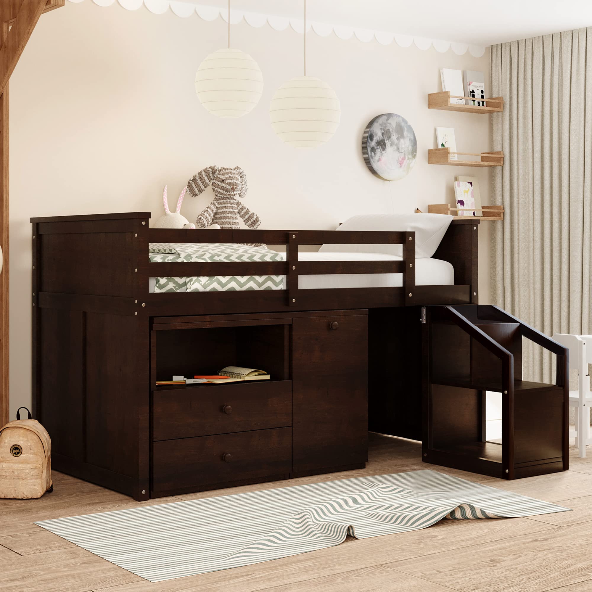 Wood Twin Loft Bed with Desk & Storage Cabinet - Space-Saving Kids Bedroom Furniture for Boys & Girls - Study & Sleep Solution with Built-In Desk, Cabinet & Staircase - Perfect for Small Rooms, Dormitories & Shared Spaces