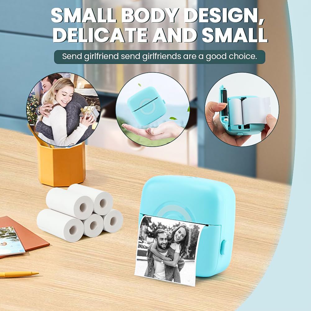 Saycker Mini Thermal Bluetooth Printer - Portable Inkless Sticker Maker for iPhone & Android, 200 DPI, 21 ppm, Includes 5 Rolls Paper (Blue) - Perfect for DIY Crafts, Labeling, Receipts & Small Business Use