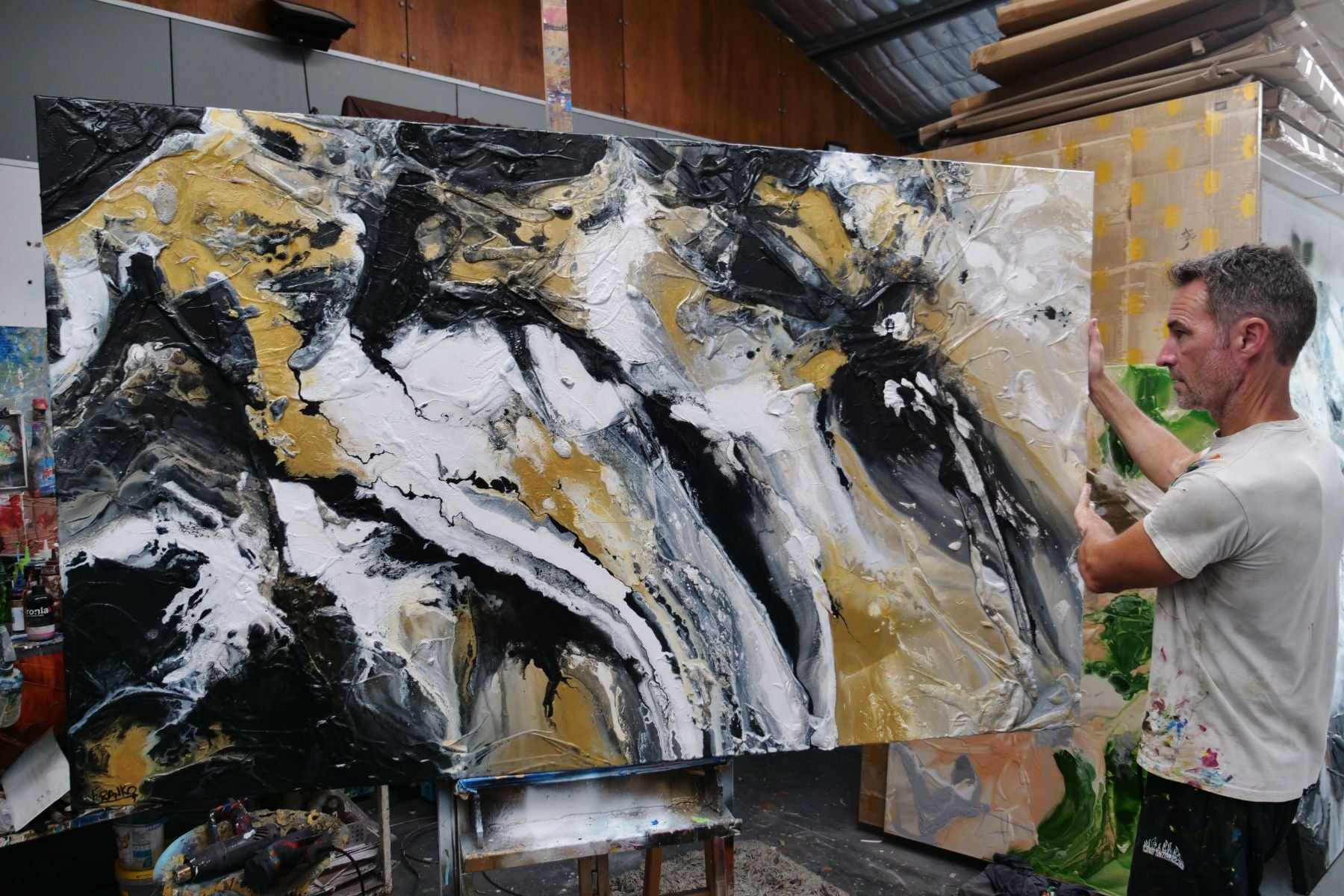 Golden Pearl 200cm x 120cm Black Gold White Textured Abstract Canvas Painting - Modern Wall Art for Living Room, Bedroom & Office Decor