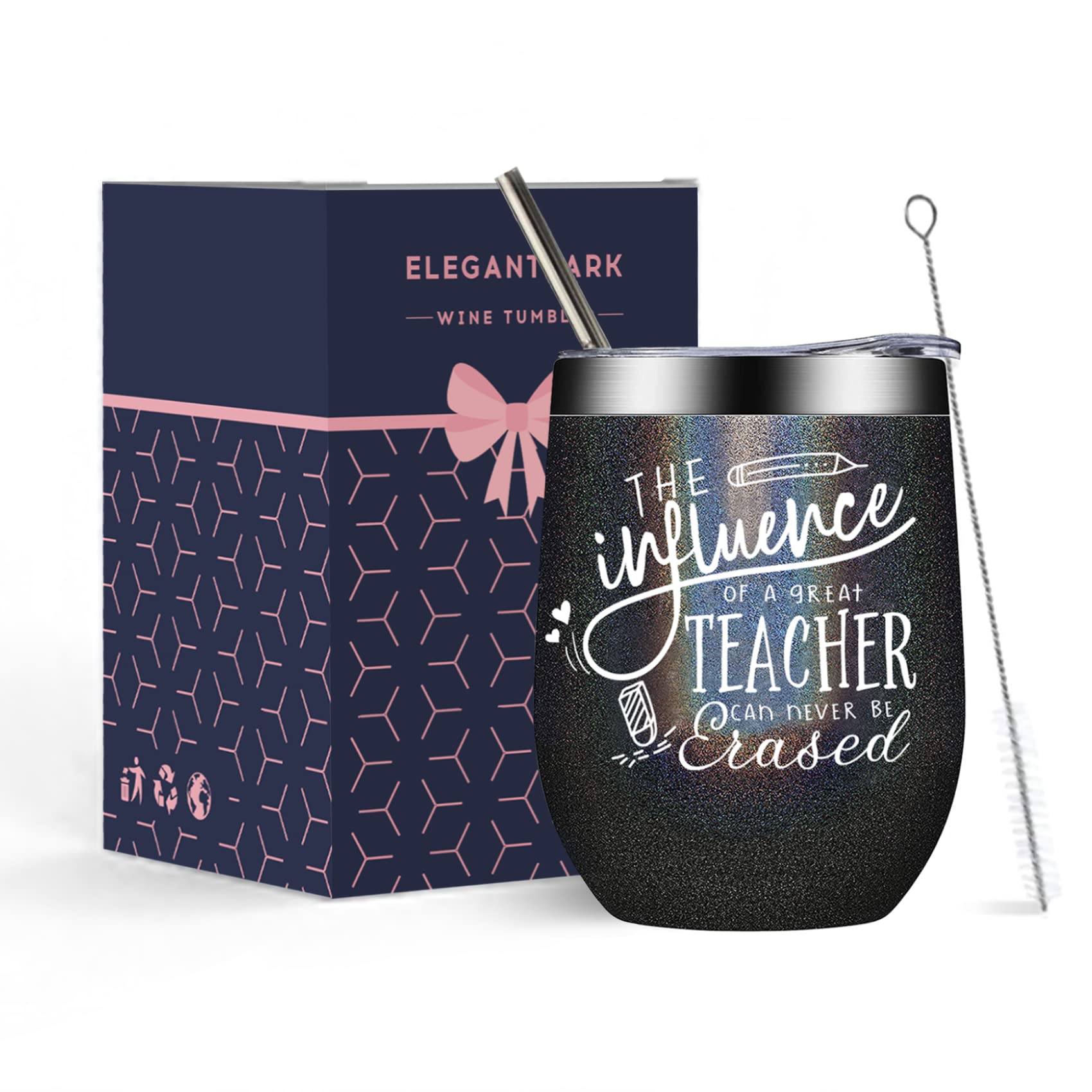ELEGANTPARK 12oz Insulated Wine Tumbler with Lid & Straw - Perfect Teacher Gift for Women & Men, Great for Appreciation, Birthday, Christmas, Graduation - Ideal for Classroom, Office & Outdoor Use (Black)