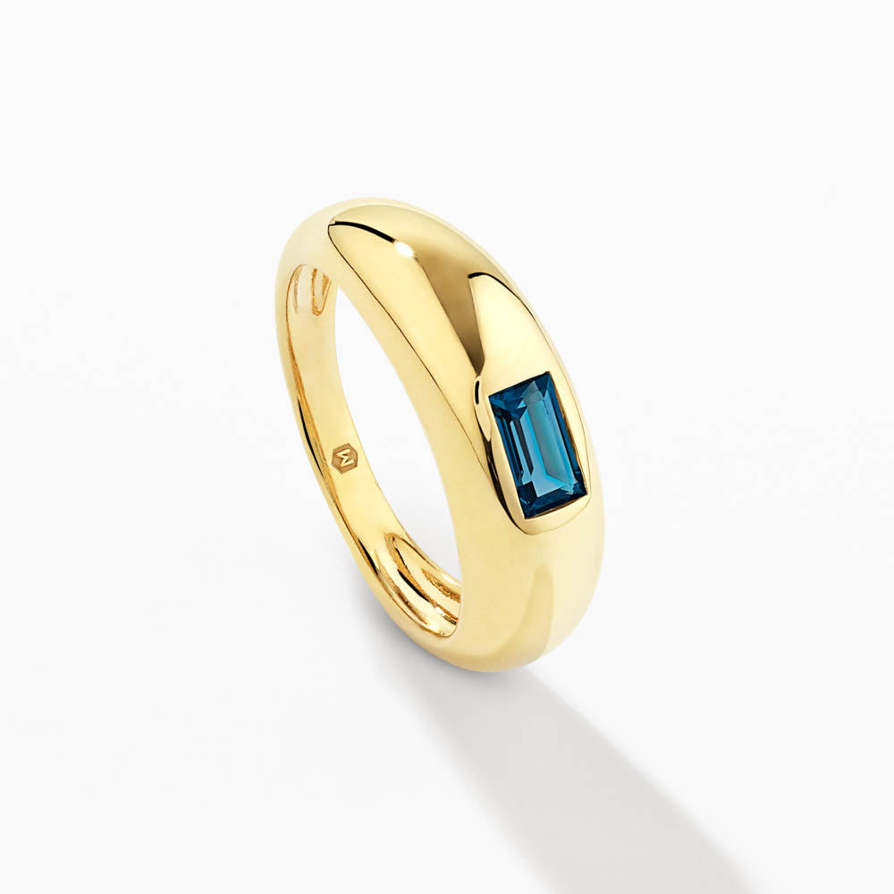 Exquisite Blue Topaz Baguette Curve Pinky Ring in 14K Gold - Elegant Stackable Jewelry for Women's Everyday Wear & Special Occasions