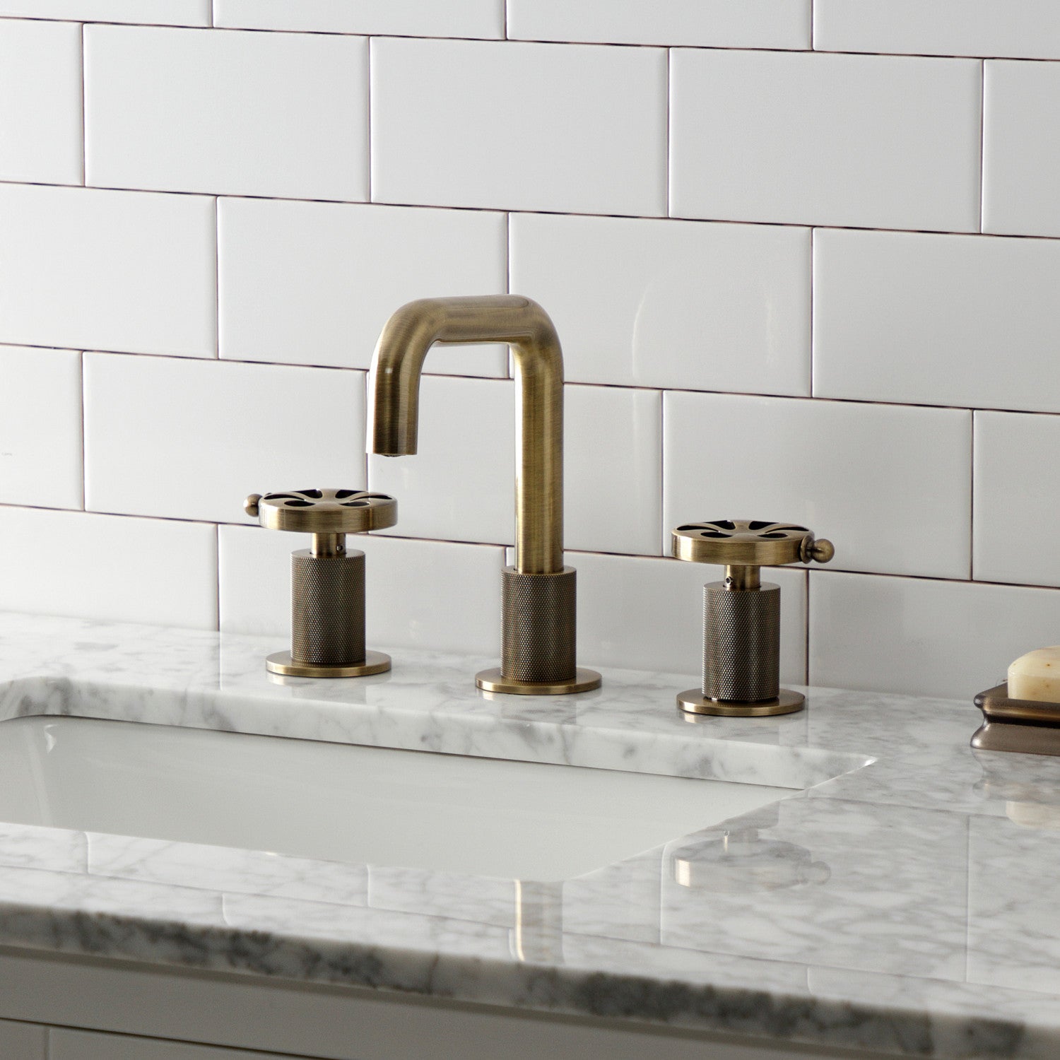 Belknap KS1413RX Antique Brass Widespread Bathroom Faucet - 3 Hole Deck Mount with Push Pop Up Drain - Perfect for Vintage Style Bathrooms & Powder Rooms