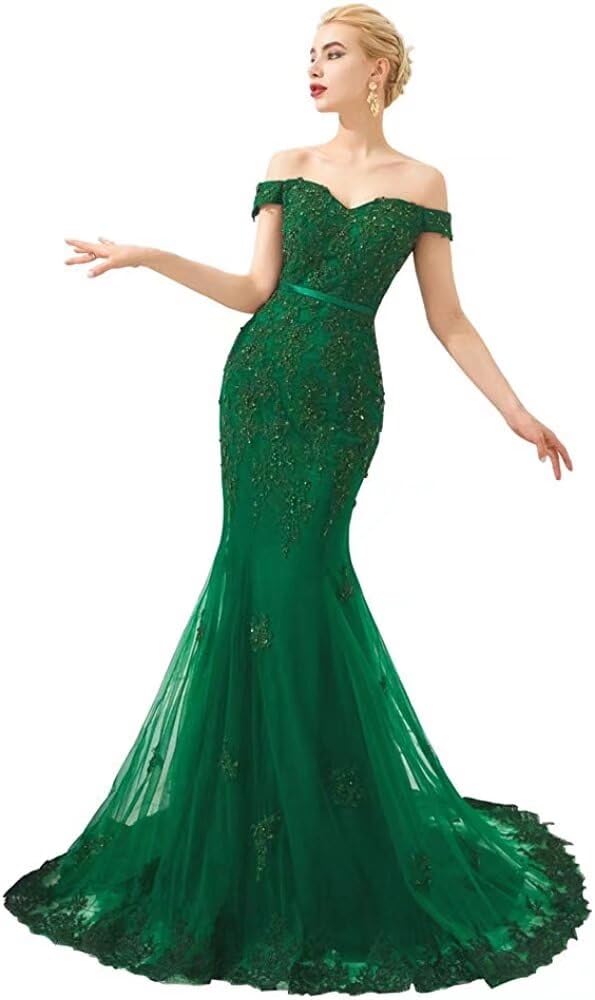 Elegant Women's Off Shoulder Mermaid Evening Gown with Beaded Appliques - Perfect for Prom, Party & Formal Events