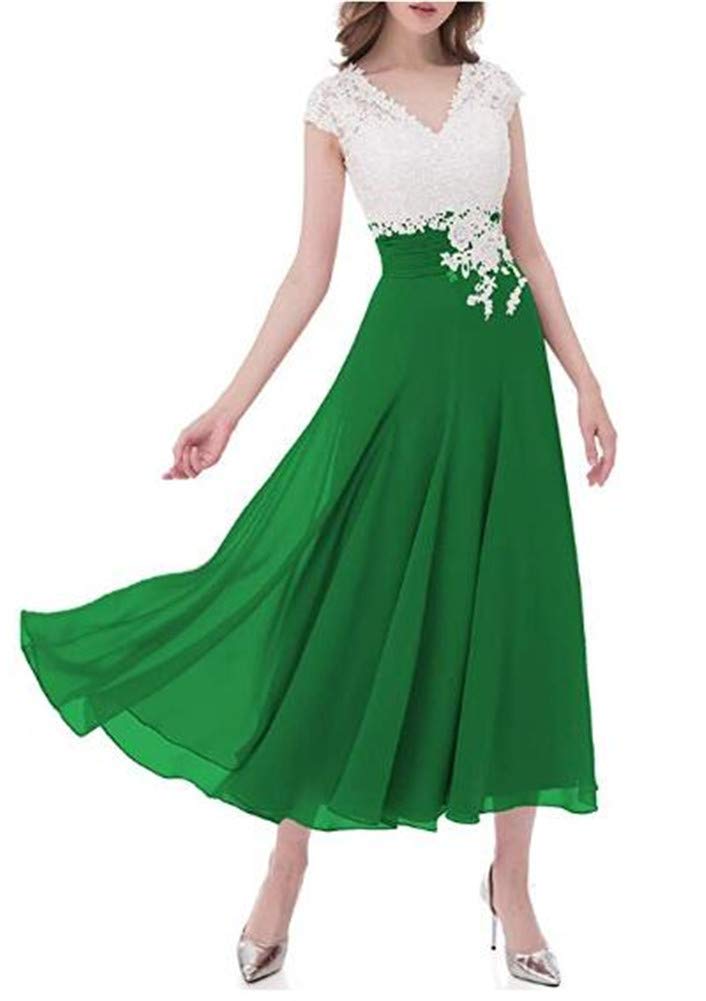 Elegant V-Neck Lace Chiffon Bridesmaid Dress - Mother of The Bride Formal Gown in Emerald Green | Perfect for Weddings, Receptions & Special Occasions