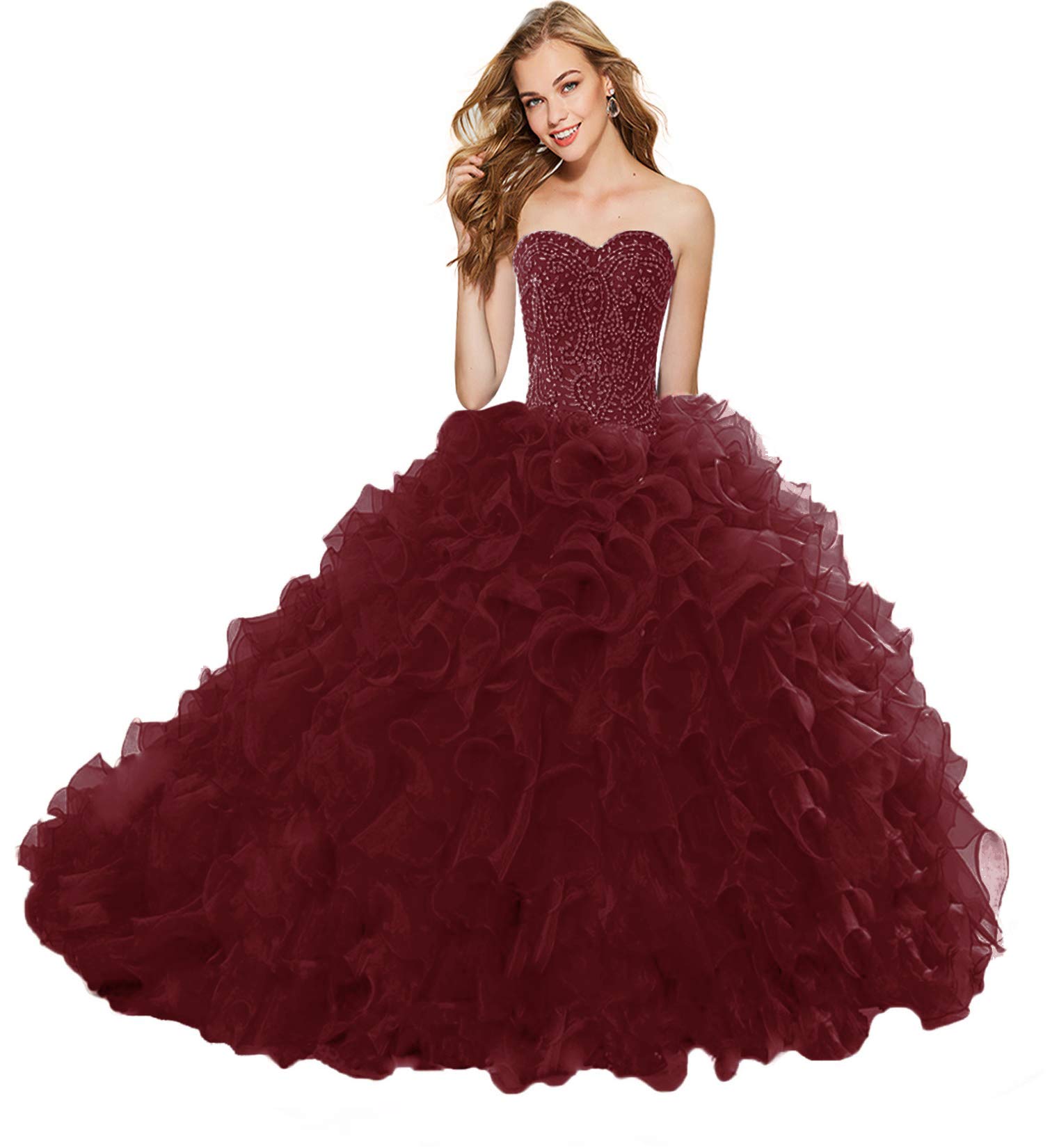 Elegant APXPF Women's Heavy Beaded Organza Ruffle Quinceanera Dress for Sweet 16, Prom & Ball Gowns - Perfect for Quinceañeras, Prom Nights, and Formal Events